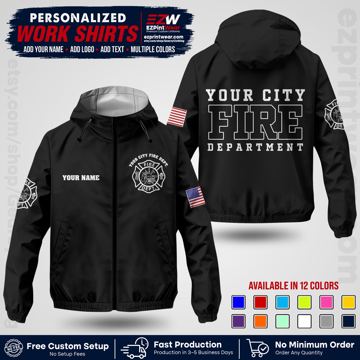 Custom Firefighter Windbreaker Jacket with Name, City Logo & Text | Fire Department Uniform | Employee Workwear FFJK01