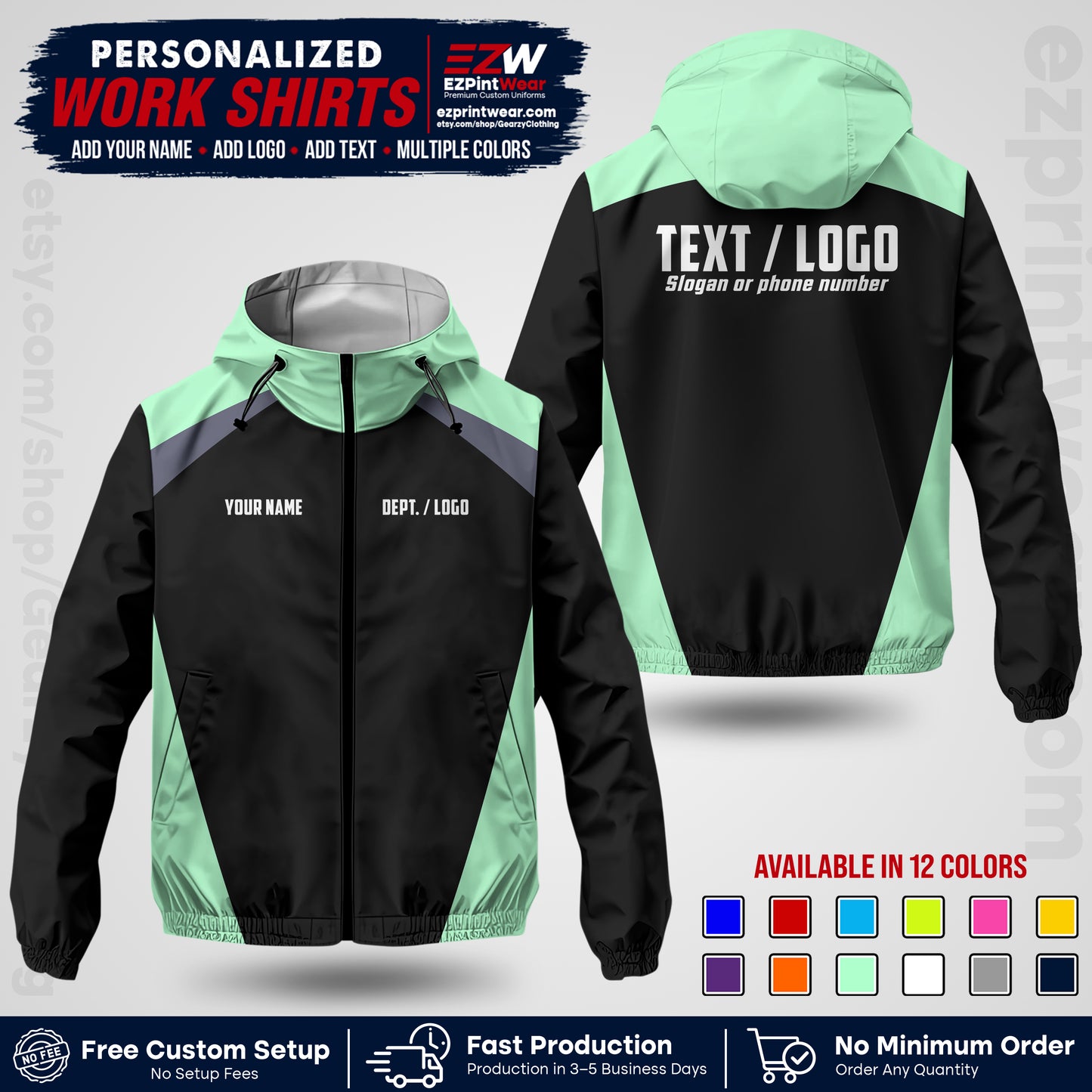 Custom Windbreaker Jacket with Name, Logo & Text, All Over Print Company Workwear, Employee Uniform WBJK03