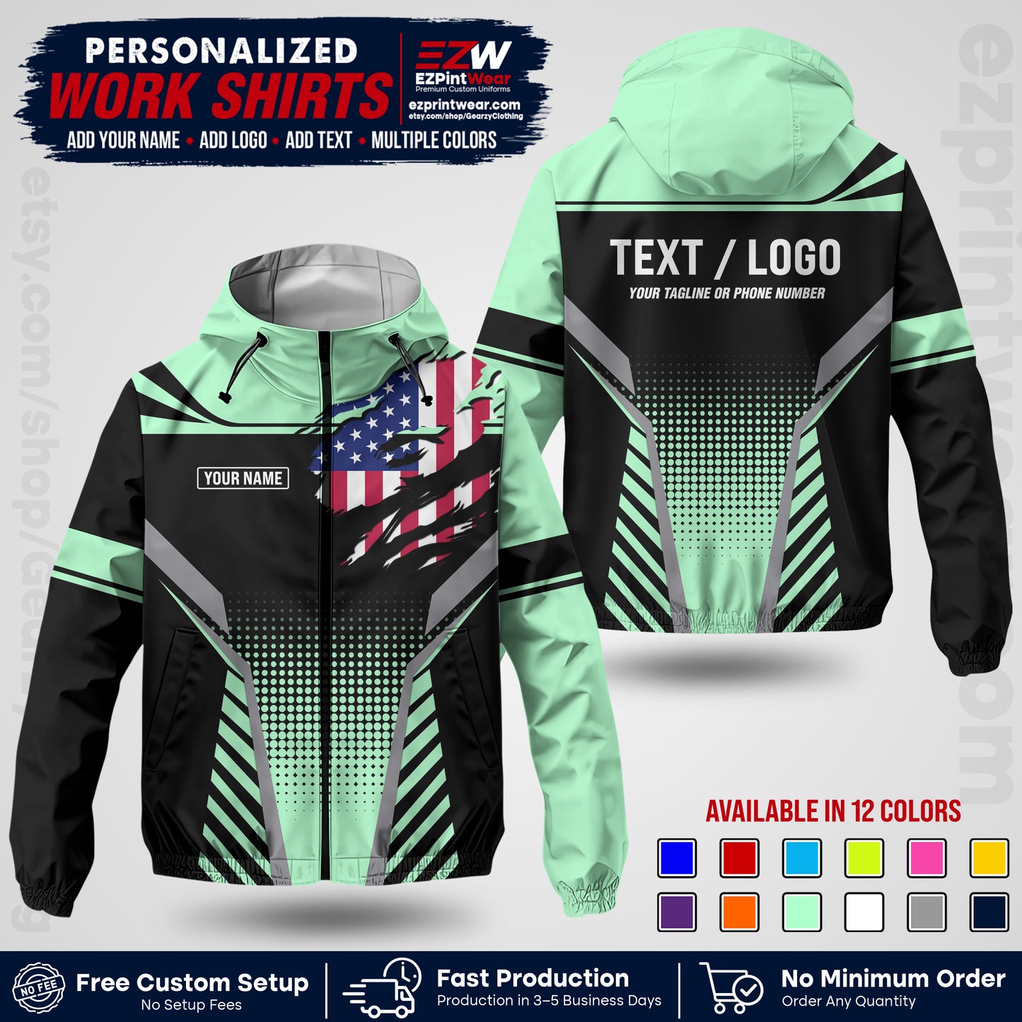 Custom Windbreaker Jacket with Name, Logo & Text, All Over Print Company Workwear, Employee Uniform WBJK07