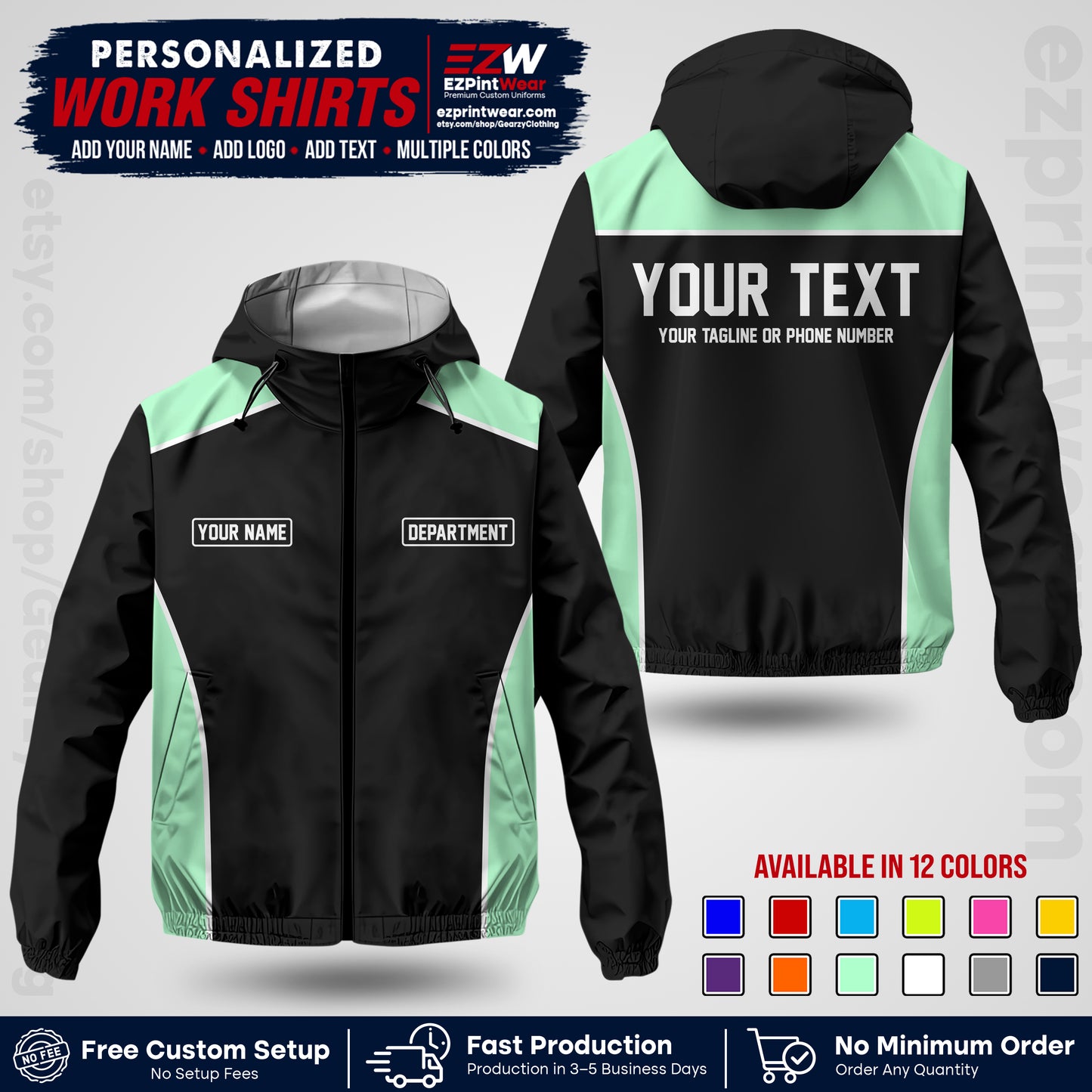 Custom Windbreaker Jacket with Name, Logo & Text, All Over Print Company Workwear, Employee Uniform WBJK12