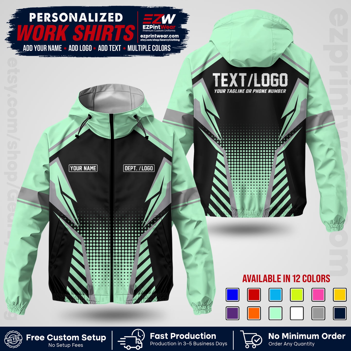 Custom Windbreaker Jacket with Name, Logo & Text, All Over Print Company Workwear, Employee Uniform WBJK14