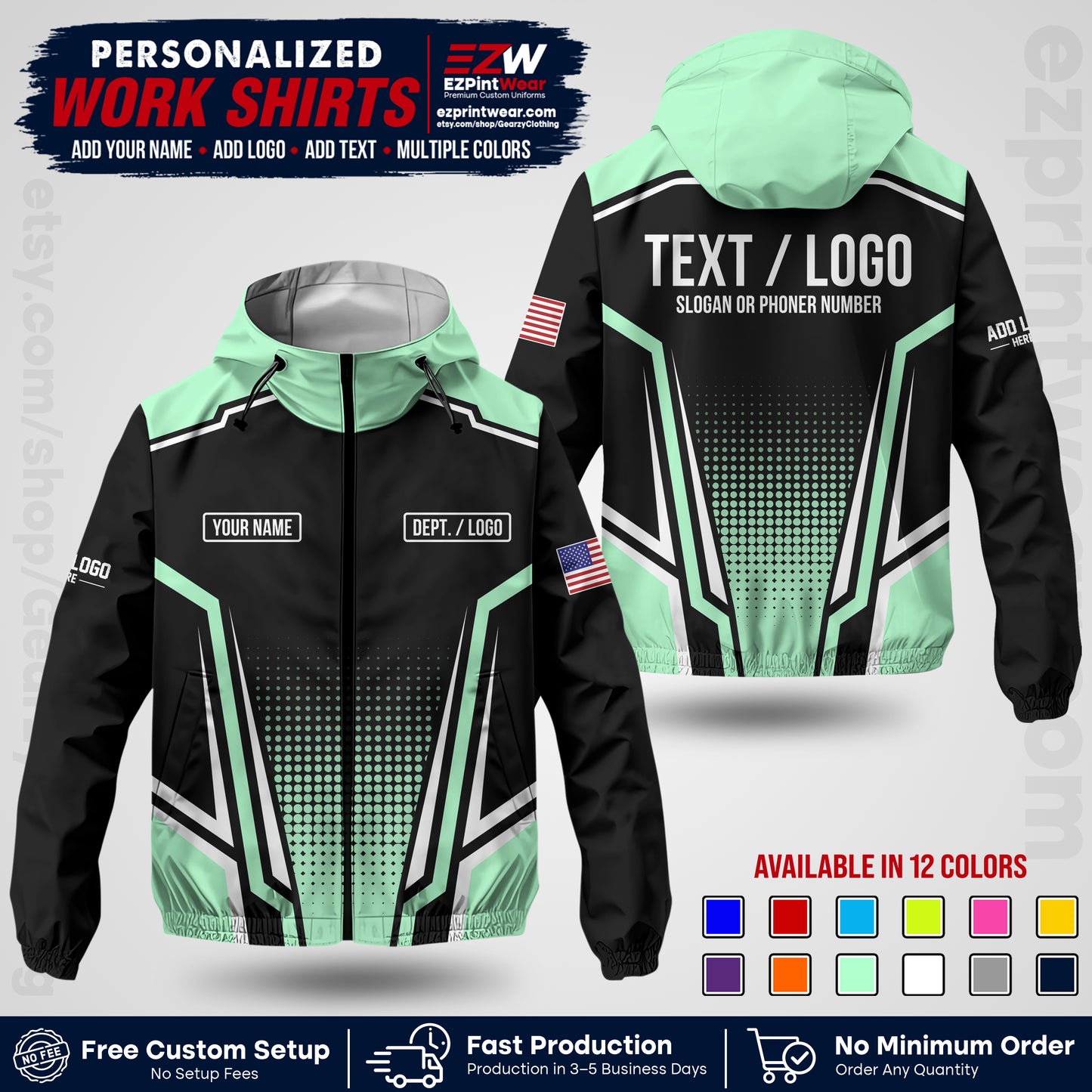 Custom Windbreaker Jacket with Name, Logo & Text, All Over Print Company Workwear, Employee Uniform WBJK17