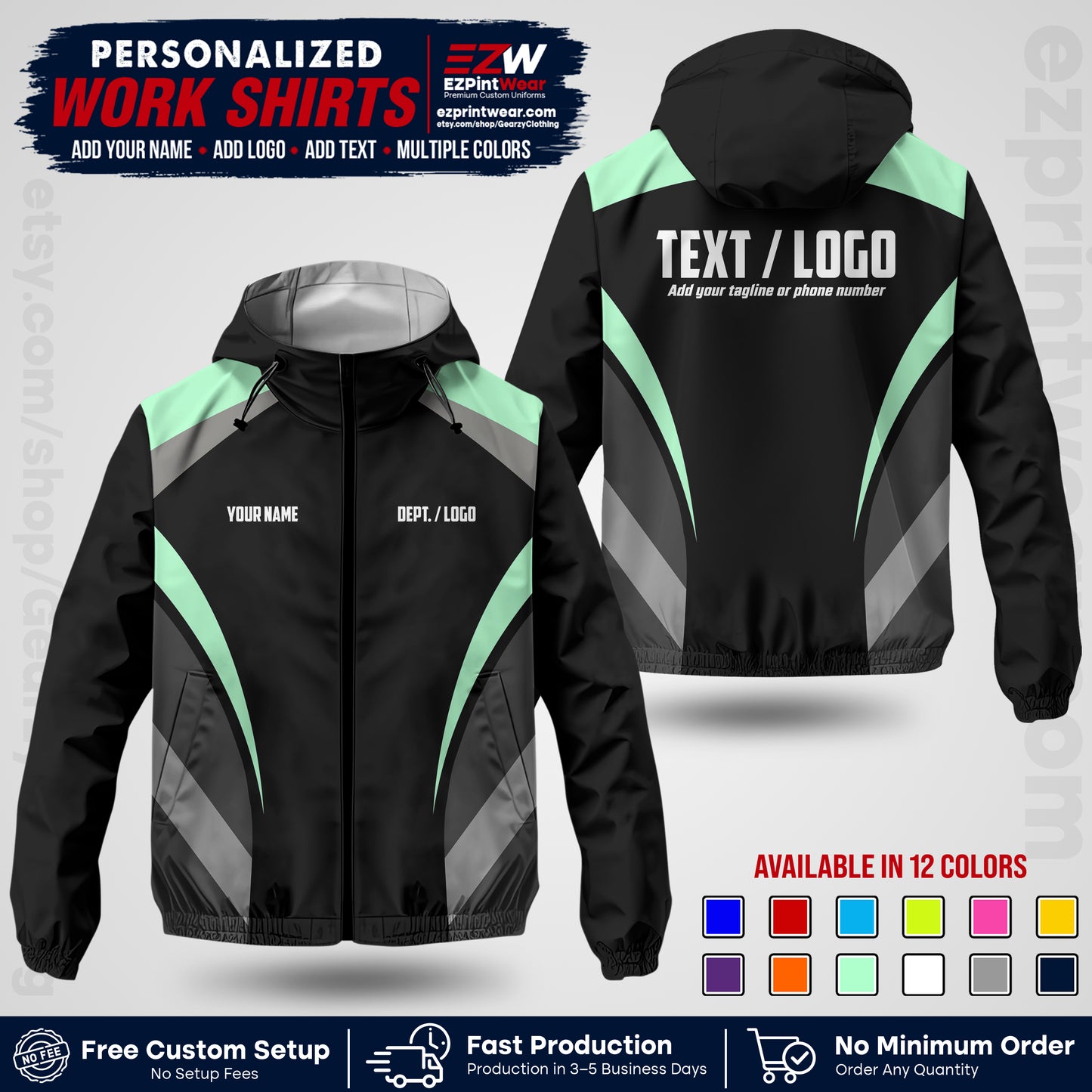 Custom Windbreaker Jacket with Name, Logo & Text, All Over Print Company Workwear, Employee Uniform WBJK04