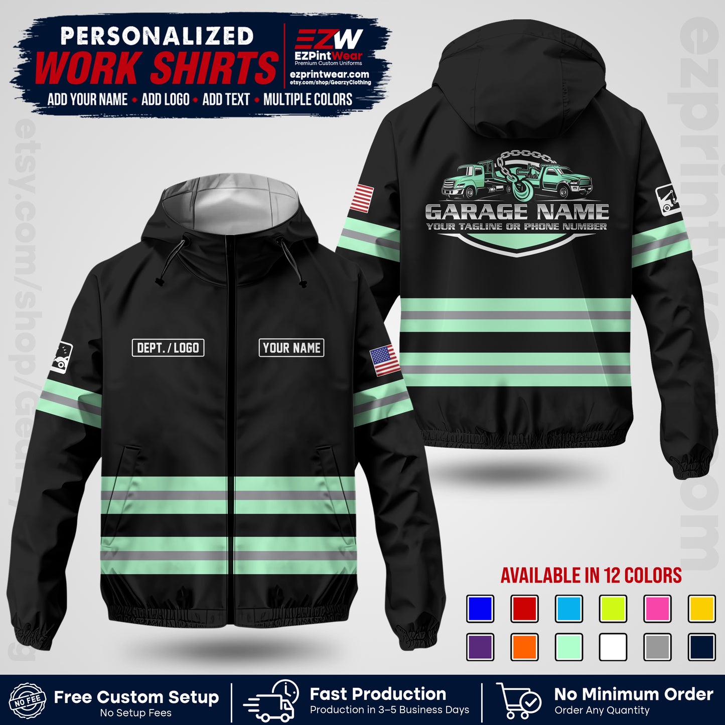 Custom Towing Windbreaker Jacket | Personalized Tow Truck Workwear | Non-Reflective Safety Stripe Jacket | Add Name Logo Text | Custom Windbreaker Jacket | Tow Truck Jacket TWJK 03