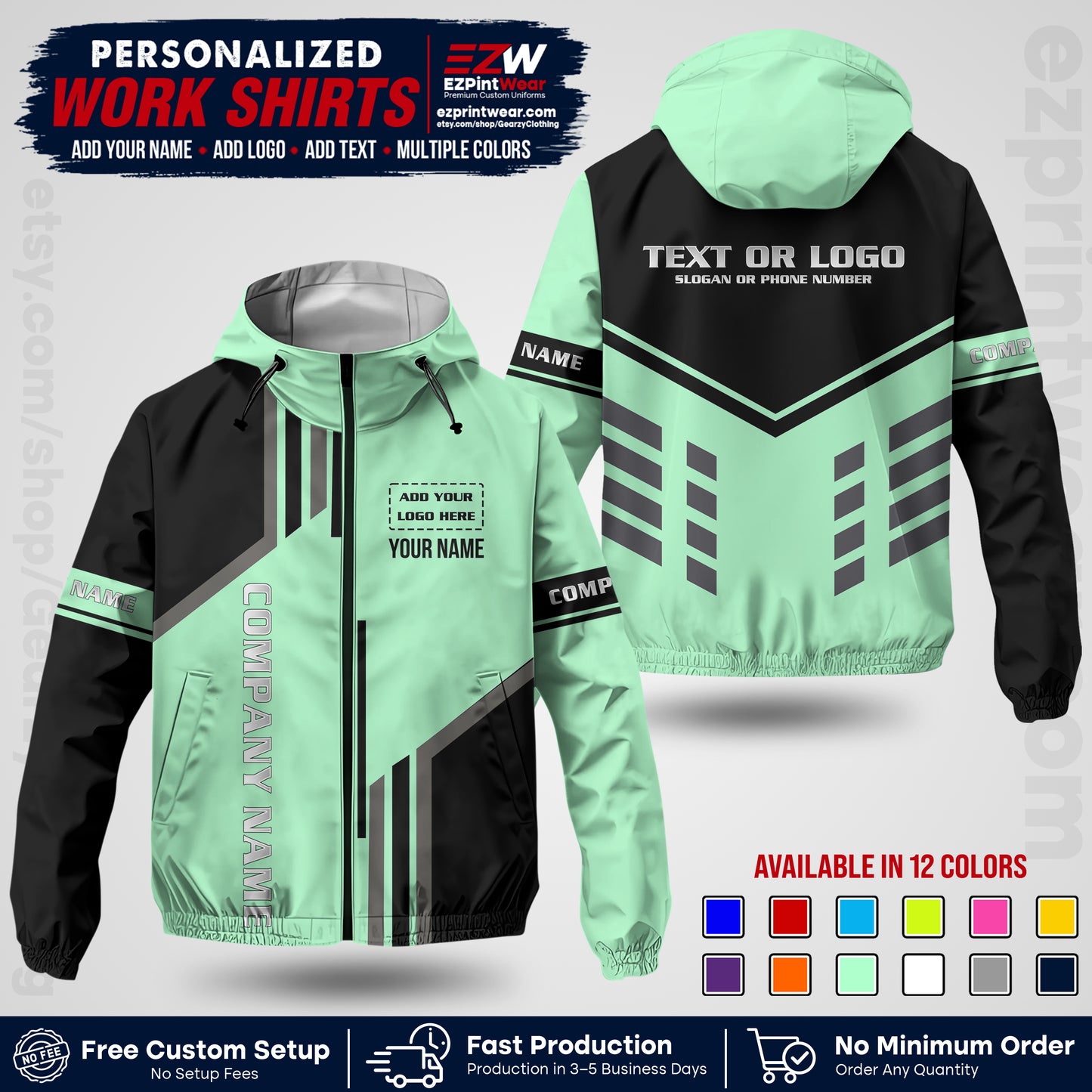 Custom Windbreaker Jacket with Name, Logo & Text, All Over Print Company Workwear, Employee Uniform WBJK10