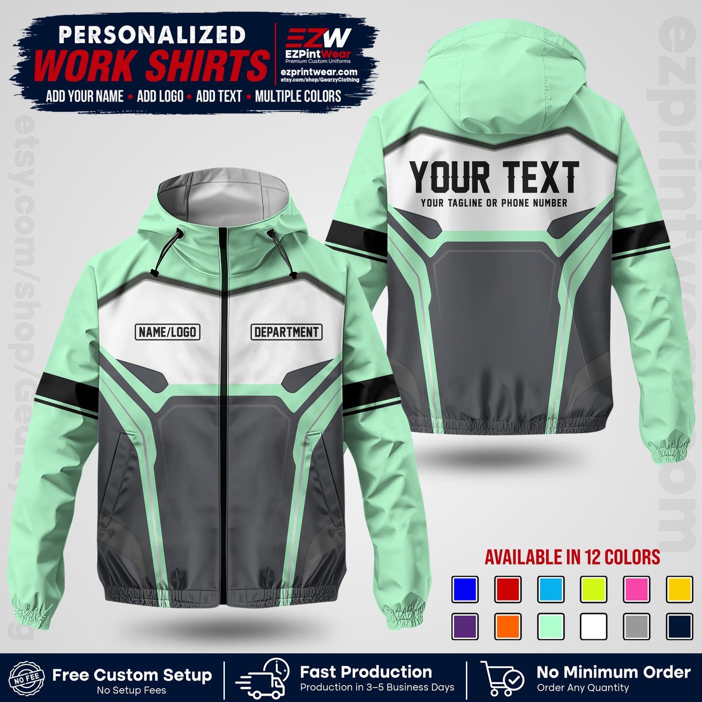 Custom Windbreaker Jacket with Name, Logo & Text, All Over Print Company Workwear, Employee Uniform WBJK06