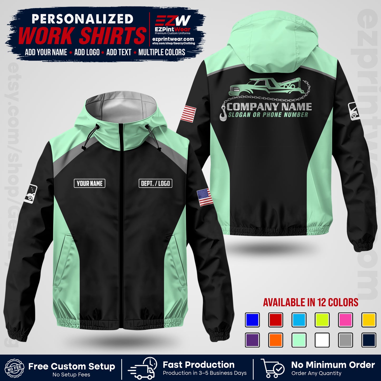 Custom Towing Windbreaker Jacket with Name, Logo & Text | Towing Company Uniform | Workwear TWJK 01