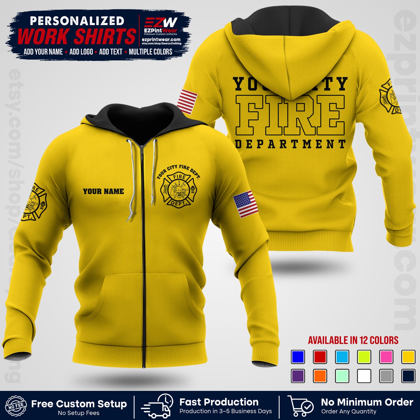 Custom Fire Department Shirt with Name, City Logo & Text | Firefighter Uniform | Button Up Work Shirt FF01