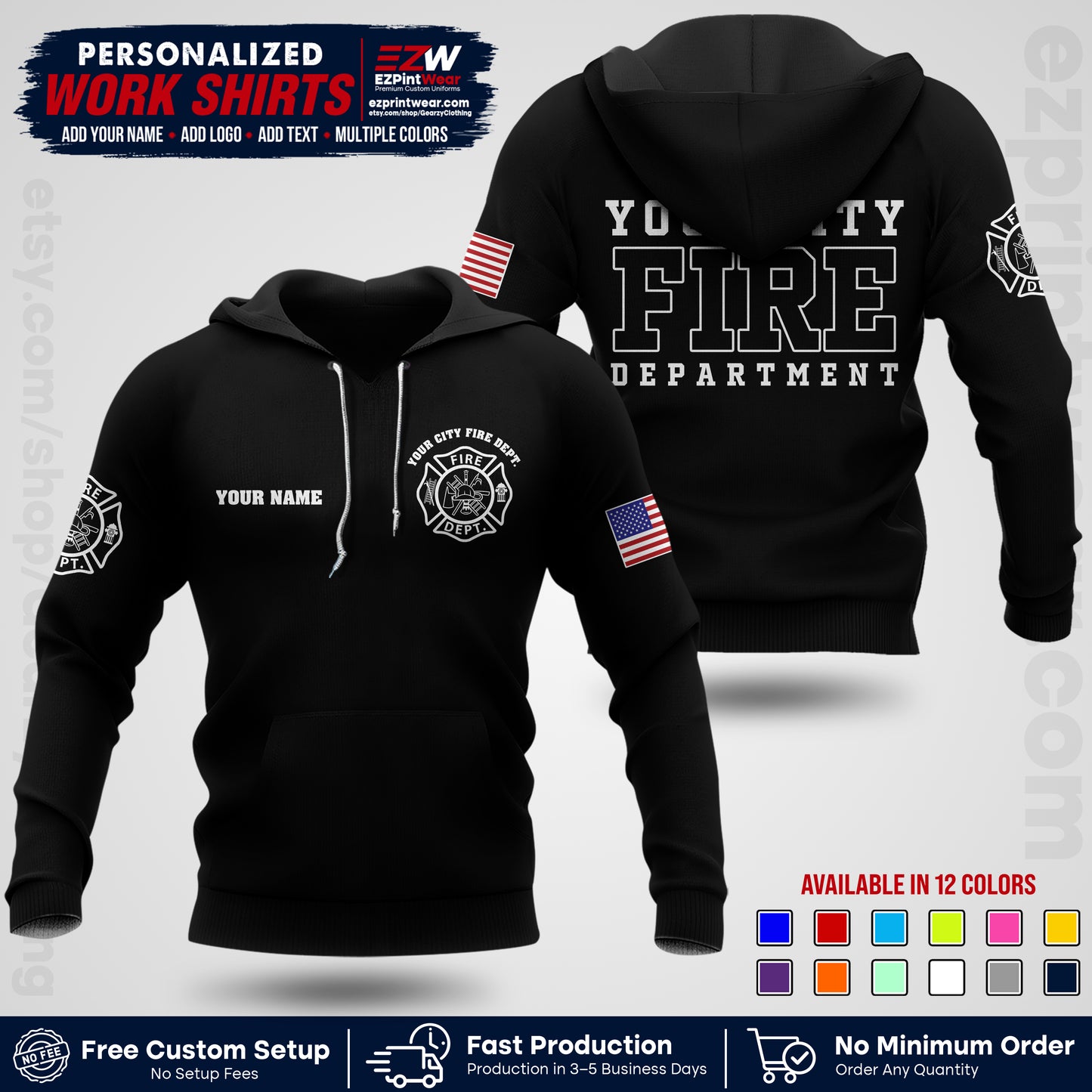 Custom Fire Department Shirt with Name, City Logo & Text | Firefighter Uniform | Button Up Work Shirt FF01