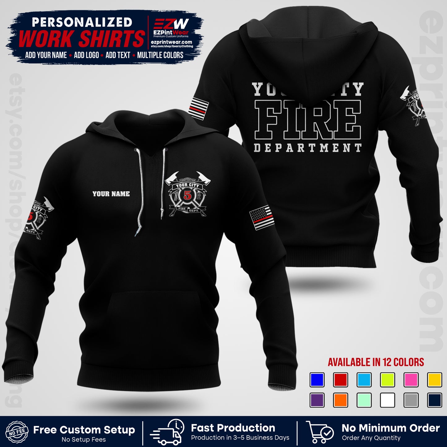 Custom Fire Department Shirt with Name, City Logo & Text | Firefighter Uniform | Button Up Work Shirt FF07
