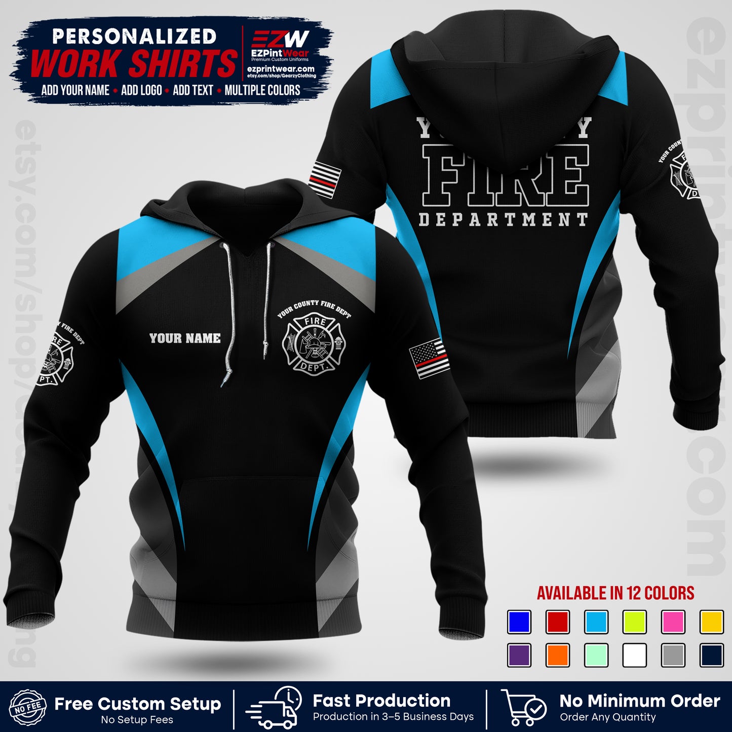 Custom Fire Department Shirt with Name, City Logo & Text | Firefighter Uniform | Button Up Work Shirt FF02