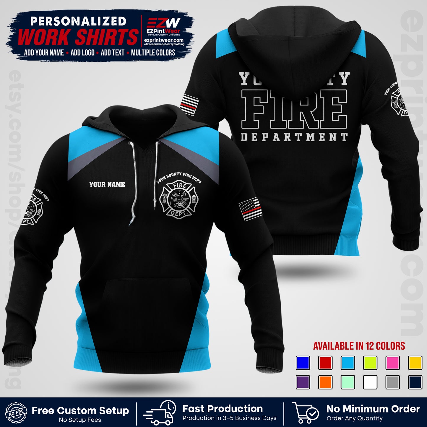 Custom Fire Department Shirt with Name, City Logo & Text | Firefighter Uniform | Button Up Work Shirt FF04