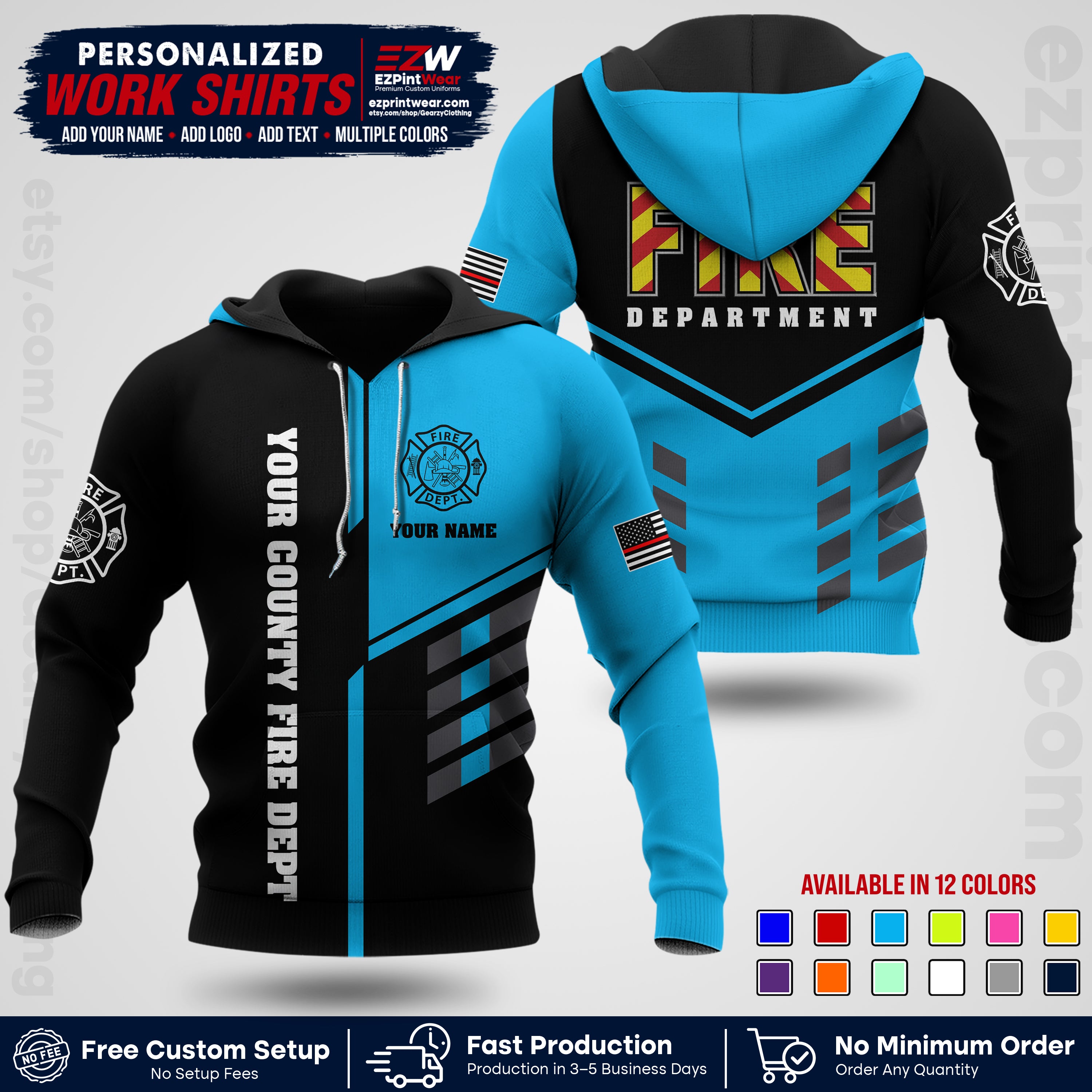 Custom Fire Department Shirt with Name, City Logo & Text | Firefighter Uniform | Button Up Work Shirt FF06