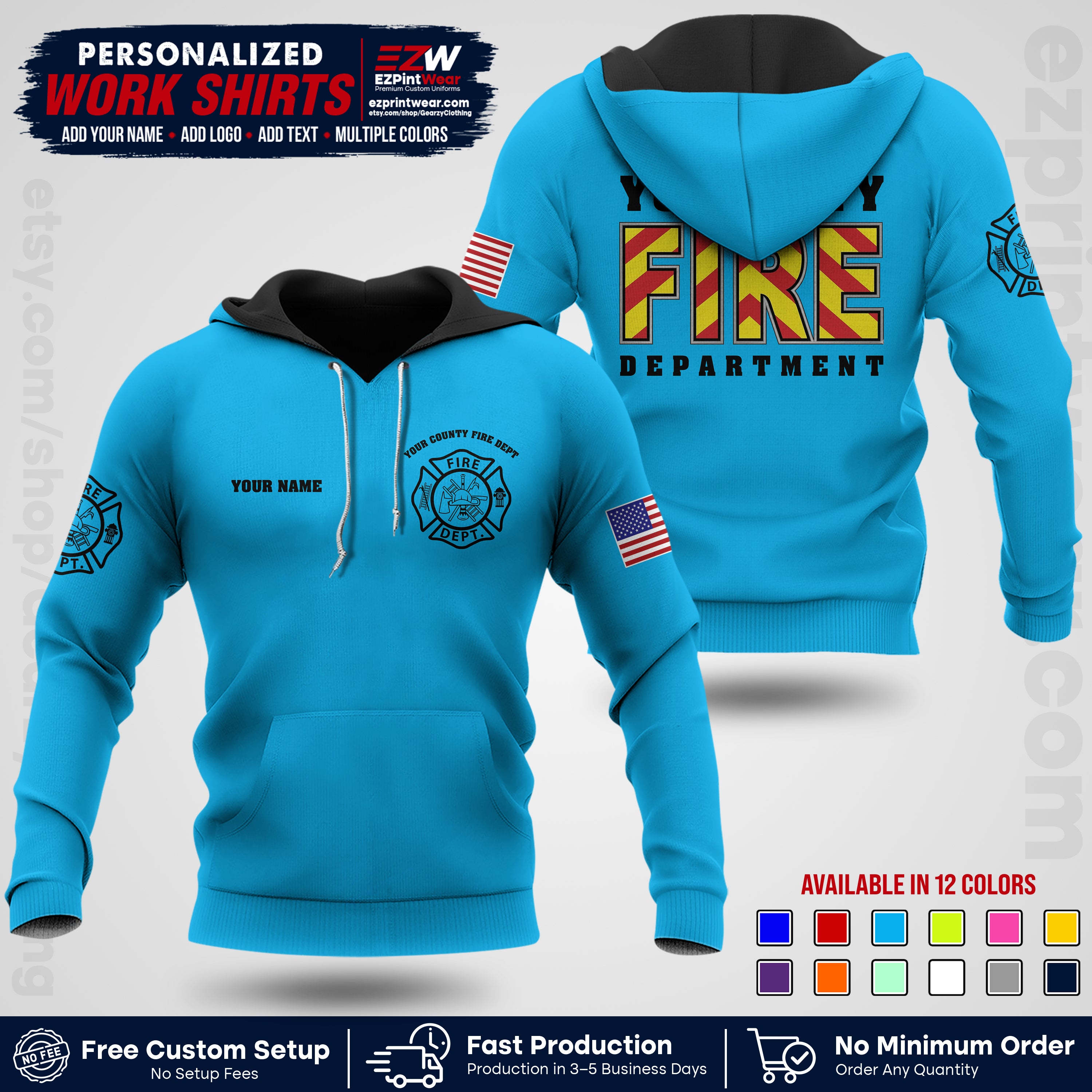 Custom Fire Department Shirt with Name, City Logo & Text | Firefighter Uniform | Button Up Work Shirt FF05