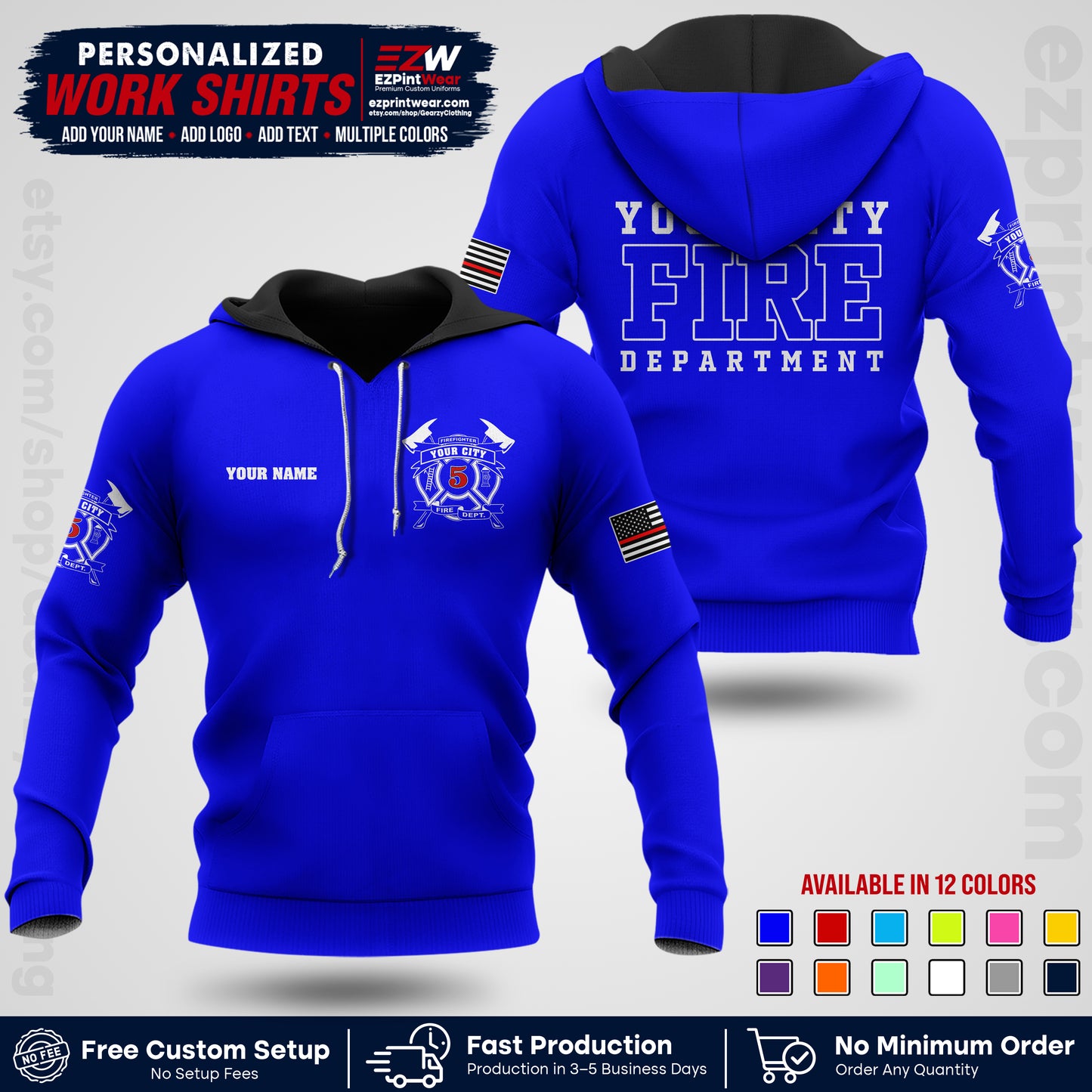 Custom Fire Department Shirt with Name, City Logo & Text | Firefighter Uniform | Button Up Work Shirt FF07