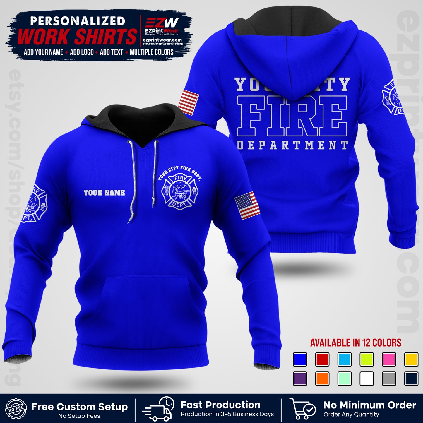 Custom Fire Department Shirt with Name, City Logo & Text | Firefighter Uniform | Button Up Work Shirt FF01