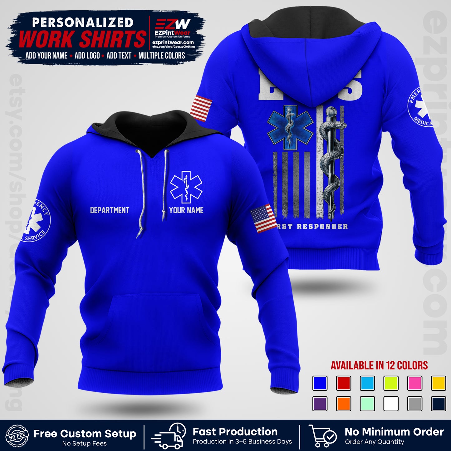 Custom EMS Shirt with Name, Logo & Text | EMS Team Uniform | First Responder Workwear EMSU03