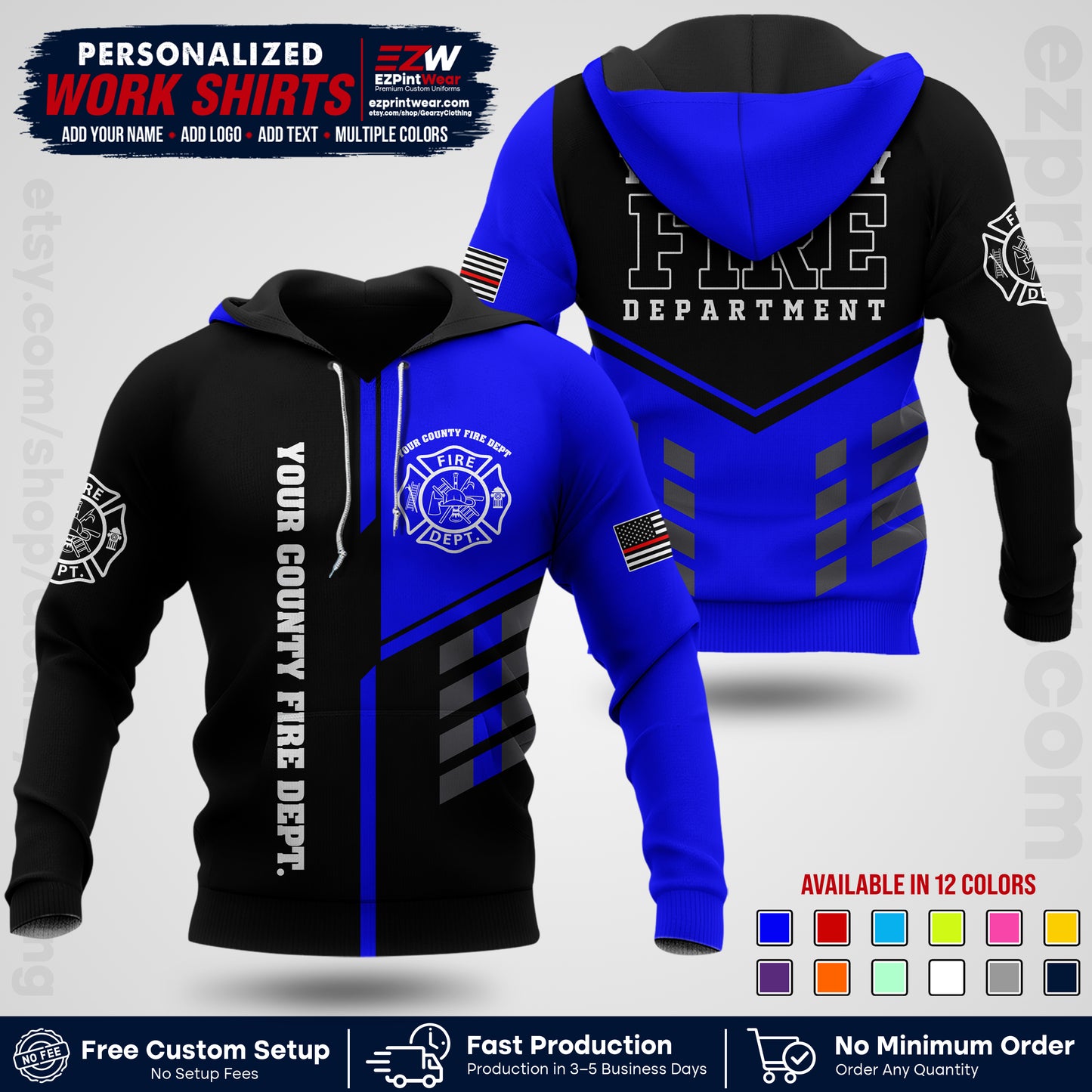 Custom Fire Department Shirt with Name, City Logo & Text | Firefighter Uniform | Button Up Work Shirt FF03