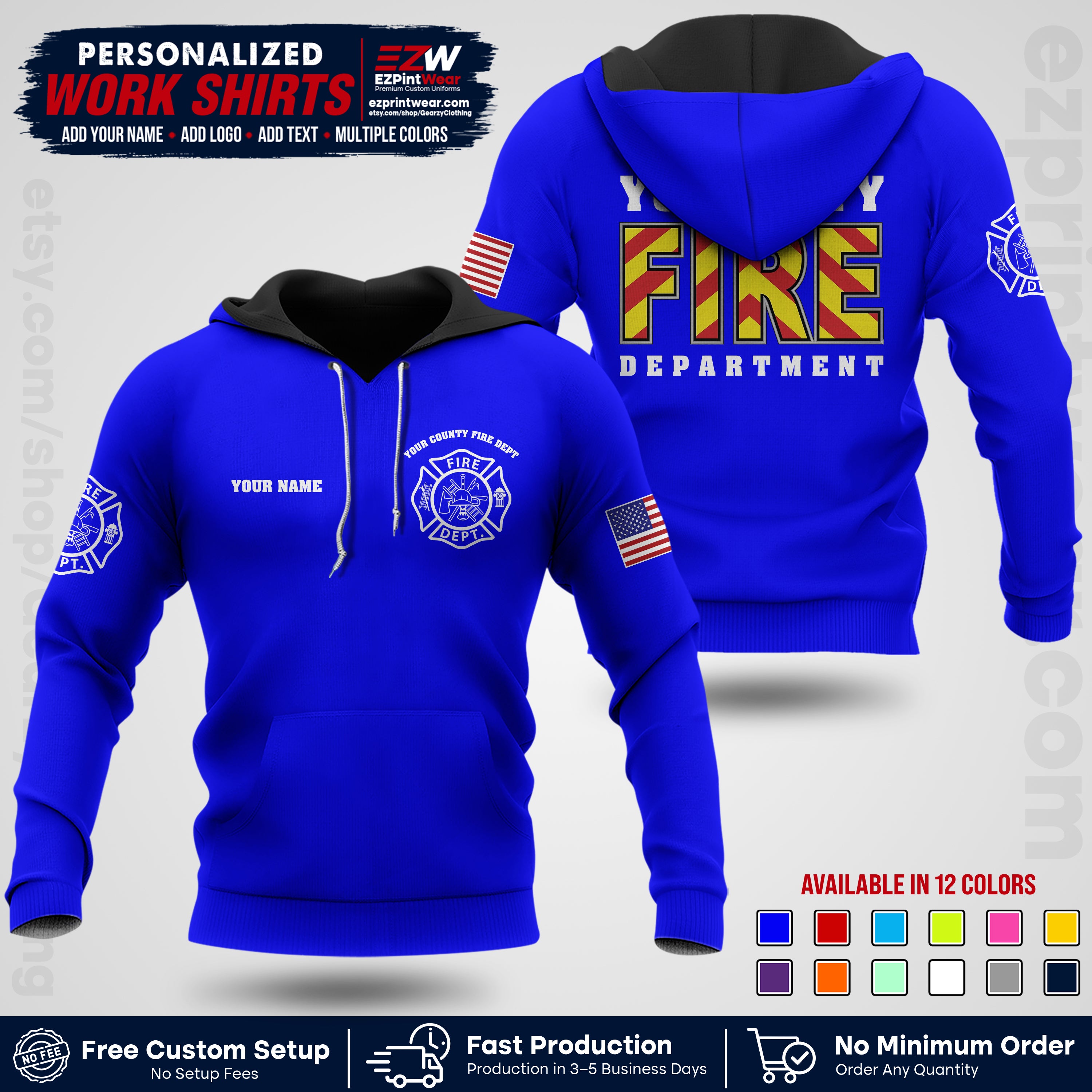 Custom Fire Department Shirt with Name, City Logo & Text | Firefighter Uniform | Button Up Work Shirt FF05