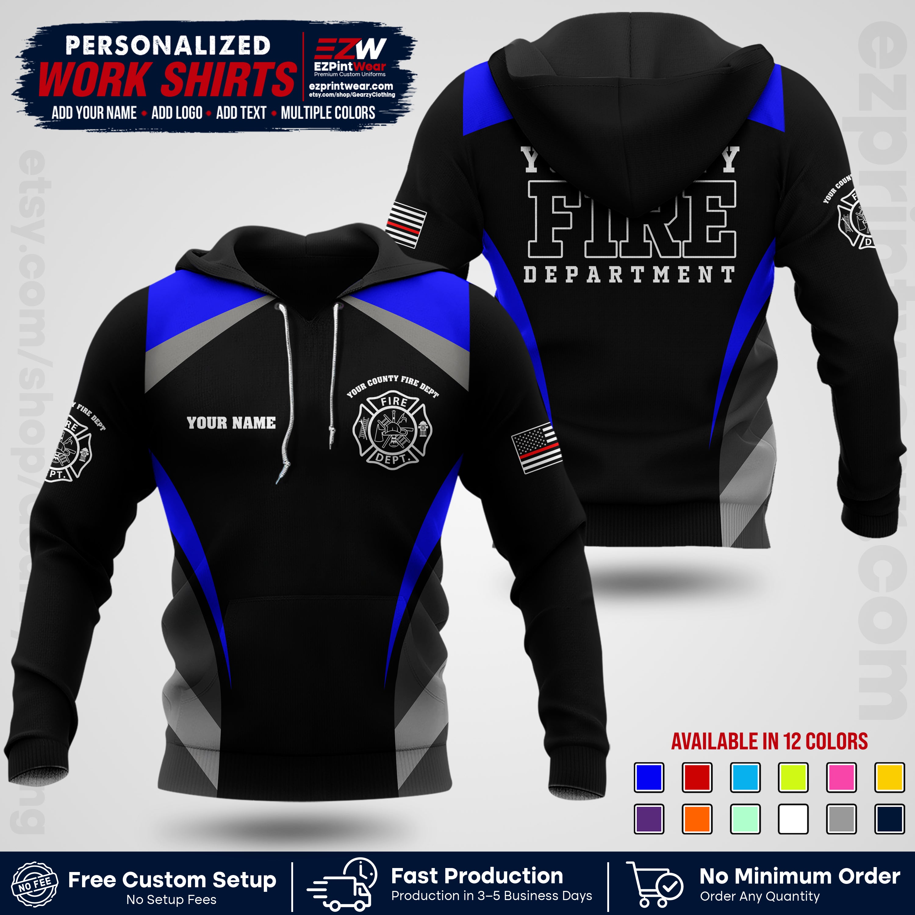 Custom Fire Department Shirt with Name, City Logo & Text | Firefighter Uniform | Button Up Work Shirt FF02