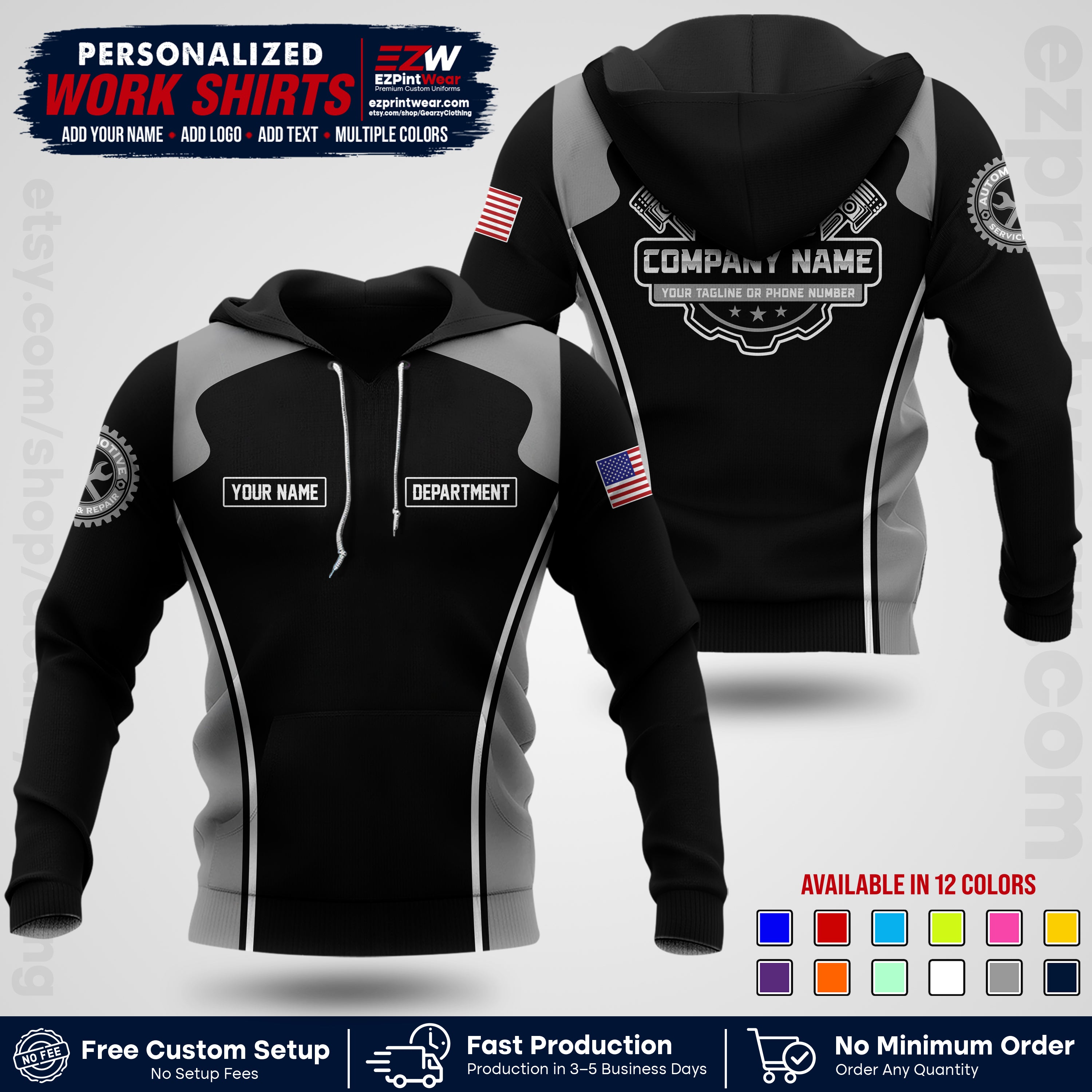 Custom Mechanic Work Shirt with Name, Logo & Text | Auto Shop Uniform | Workwear MCN 10