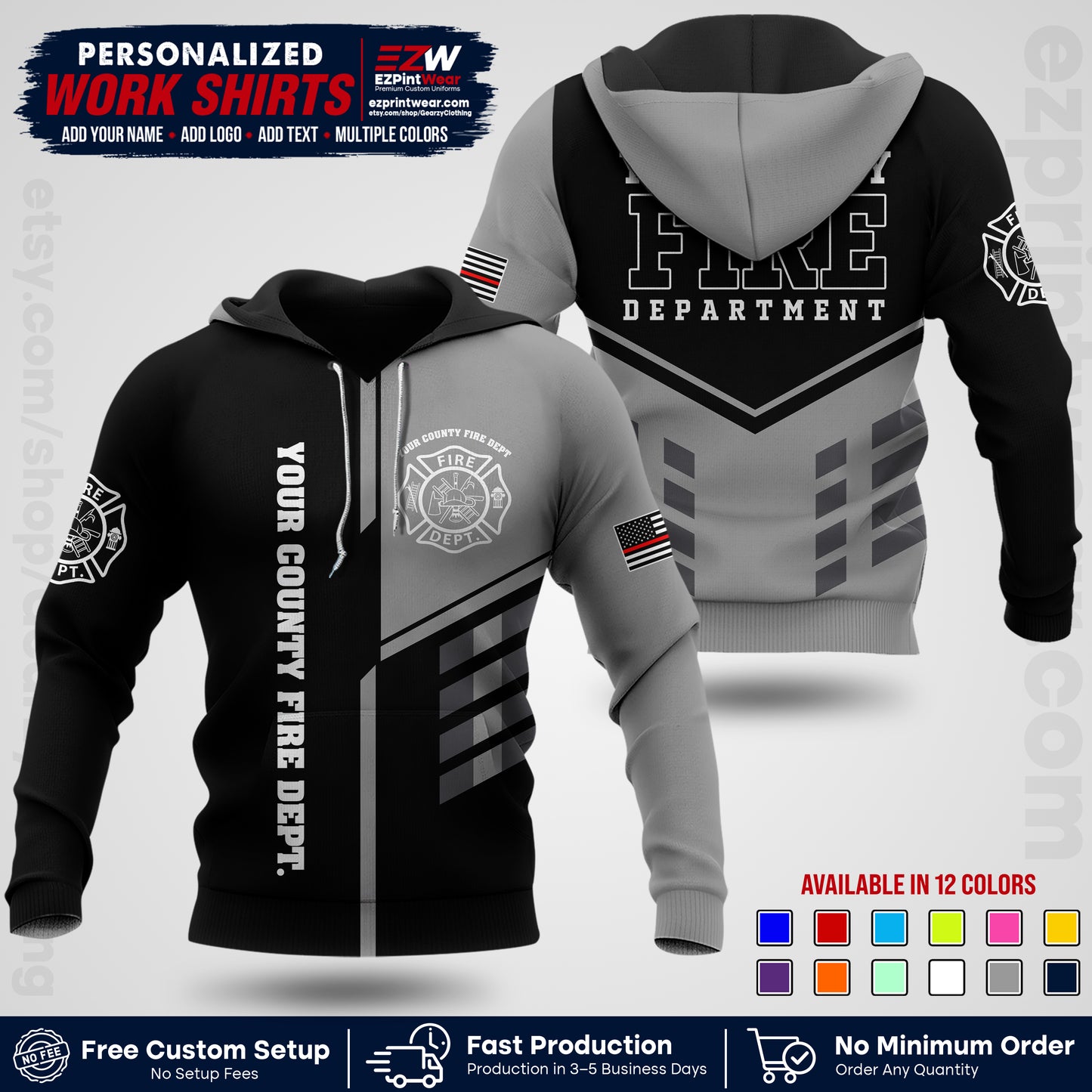 Custom Fire Department Shirt with Name, City Logo & Text | Firefighter Uniform | Button Up Work Shirt FF03