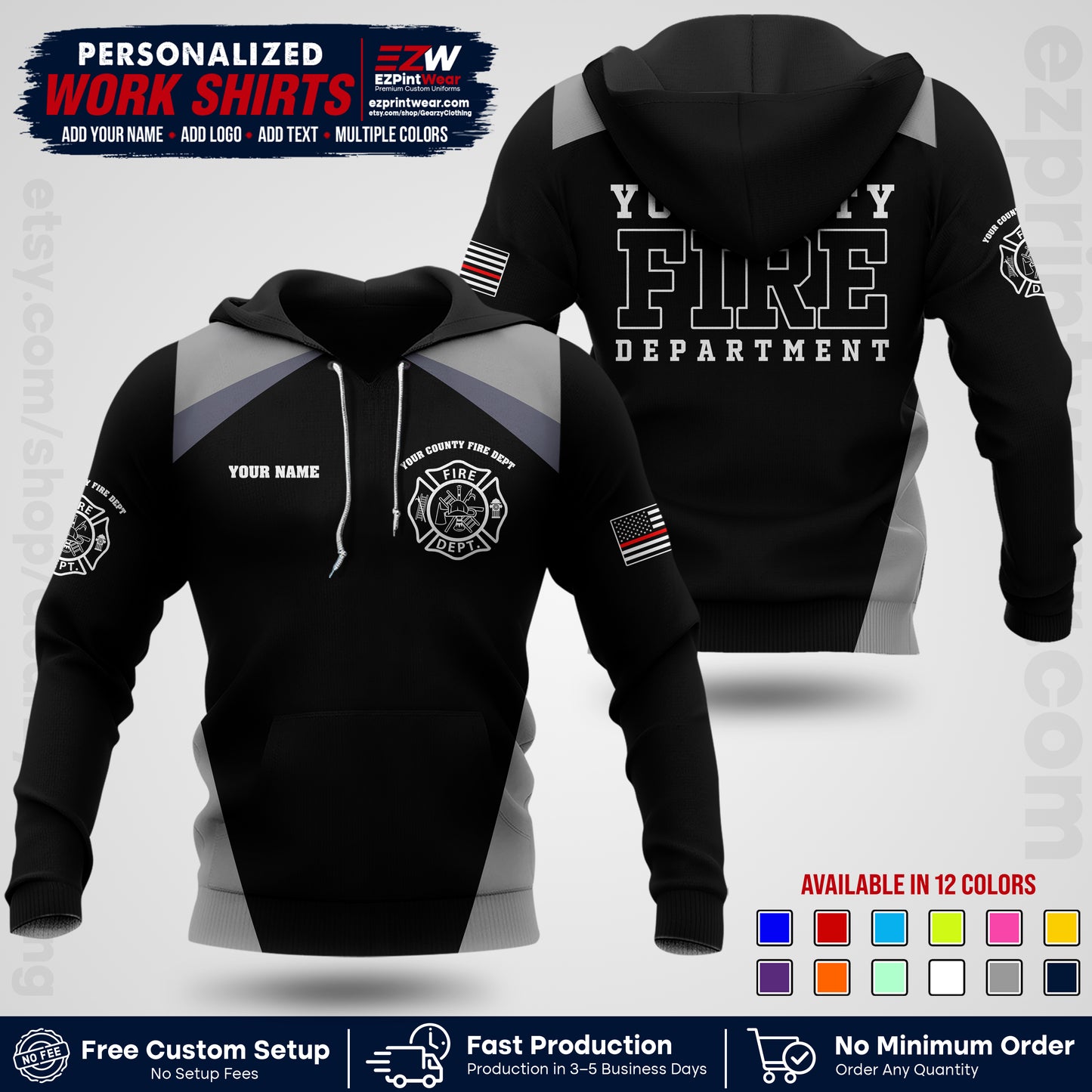 Custom Fire Department Shirt with Name, City Logo & Text | Firefighter Uniform | Button Up Work Shirt FF04