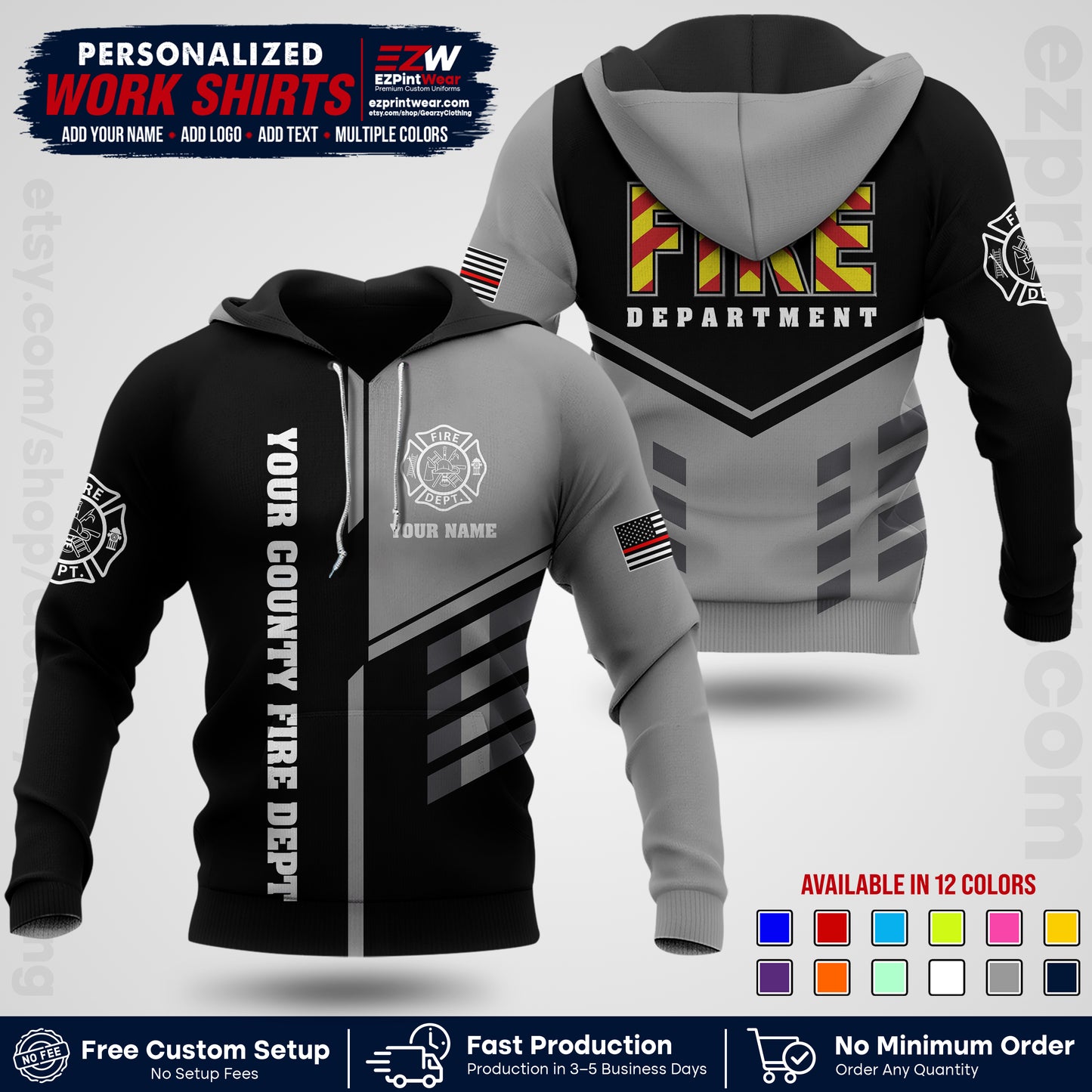 Custom Fire Department Shirt with Name, City Logo & Text | Firefighter Uniform | Button Up Work Shirt FF06
