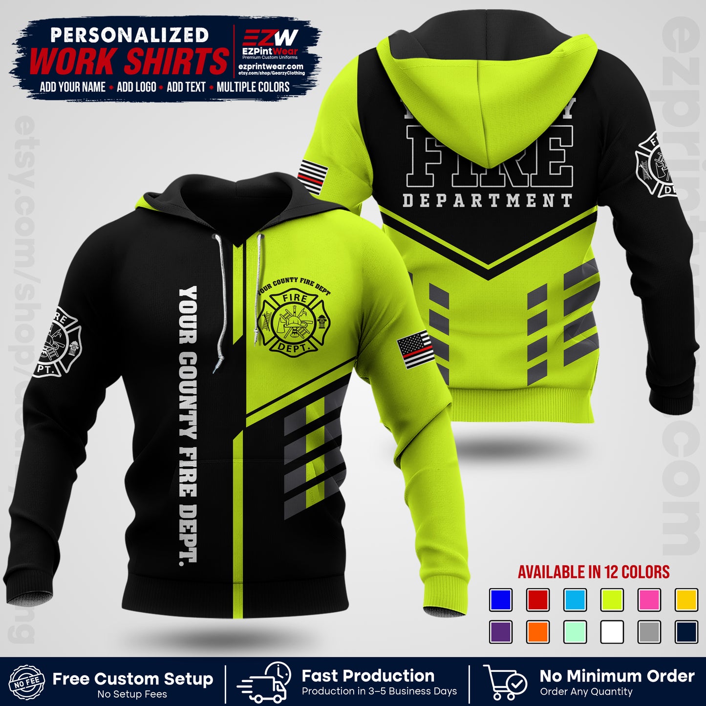 Custom Fire Department Shirt with Name, City Logo & Text | Firefighter Uniform | Button Up Work Shirt FF03