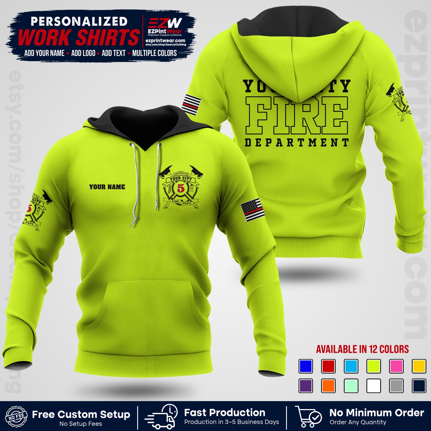 Custom Fire Department Shirt with Name, City Logo & Text | Firefighter Uniform | Button Up Work Shirt FF07