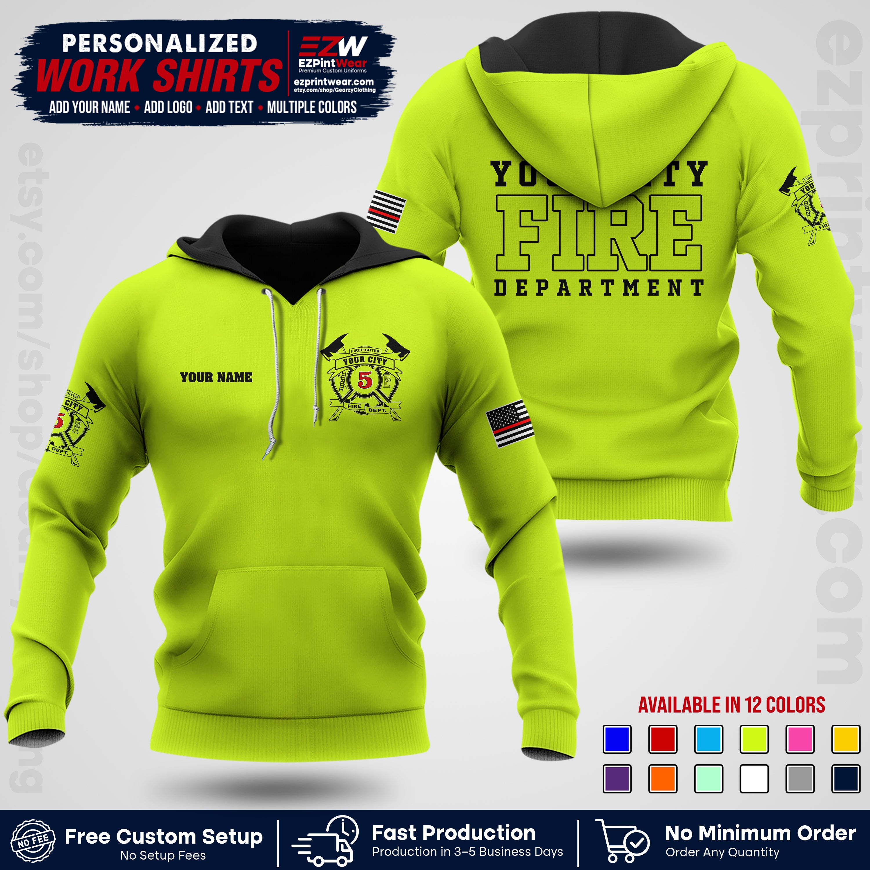 Custom Fire Department Shirt with Name, City Logo & Text | Firefighter Uniform | Button Up Work Shirt FF07