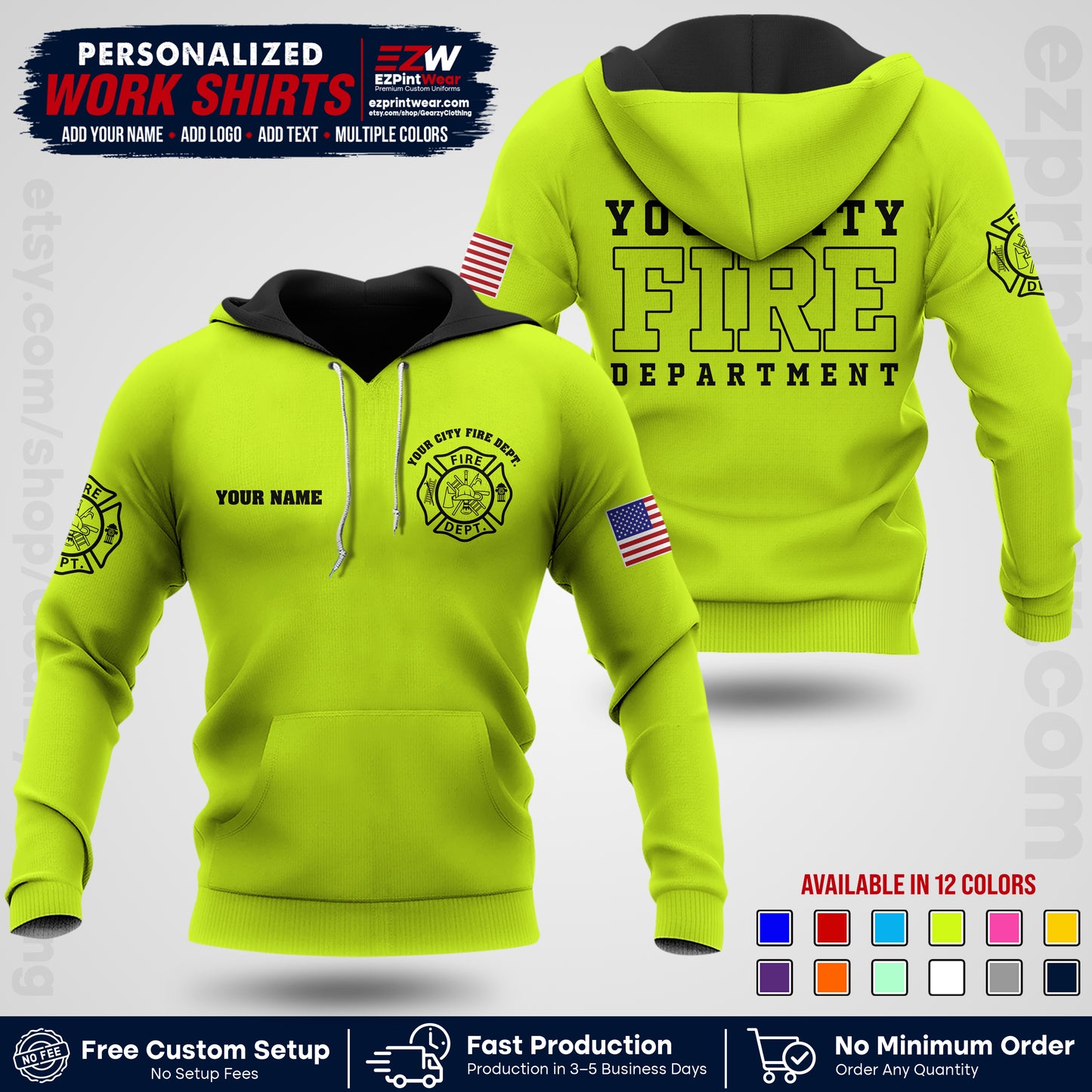 Custom Fire Department Shirt with Name, City Logo & Text | Firefighter Uniform | Button Up Work Shirt FF01