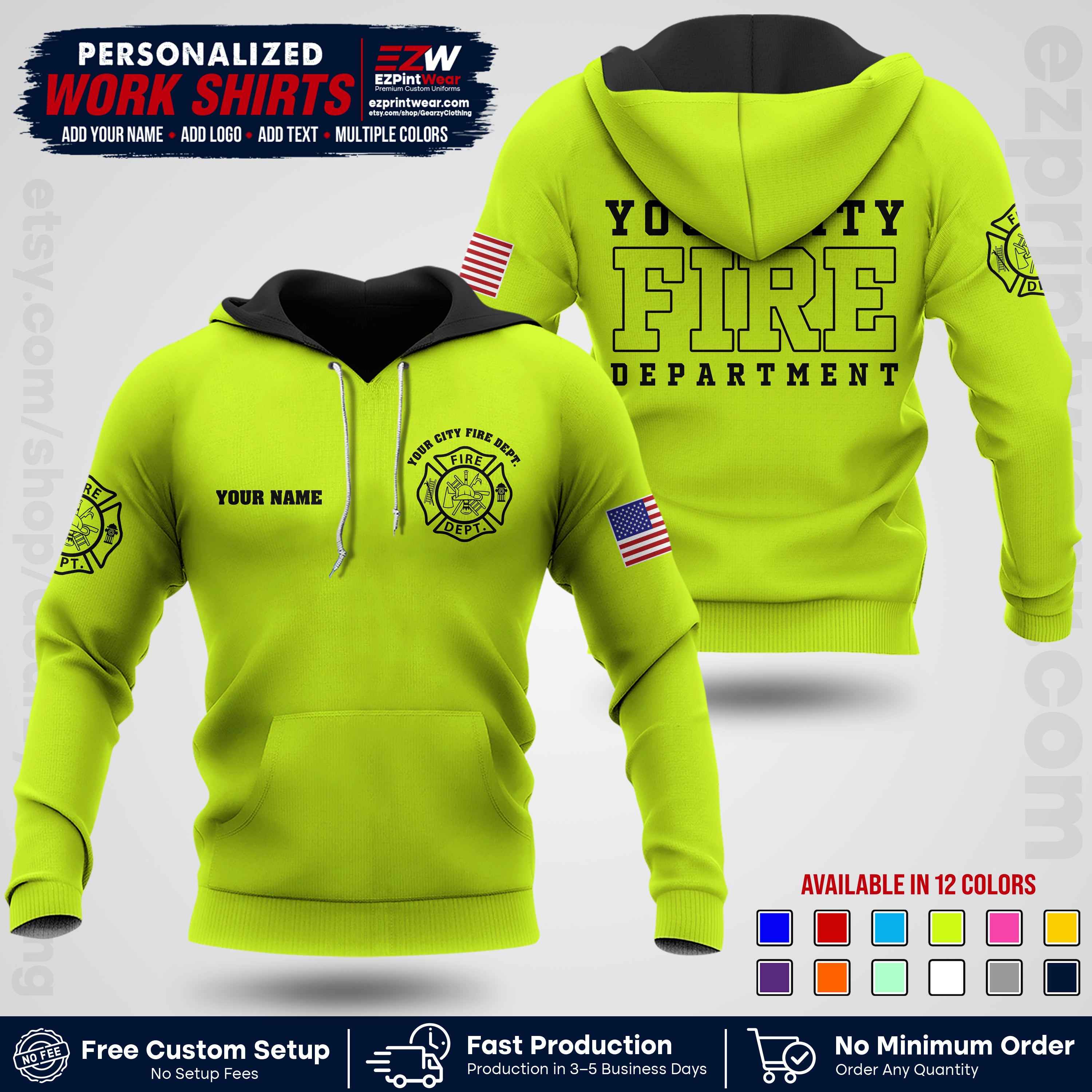 Custom Fire Department Shirt with Name, City Logo & Text | Firefighter Uniform | Button Up Work Shirt FF01