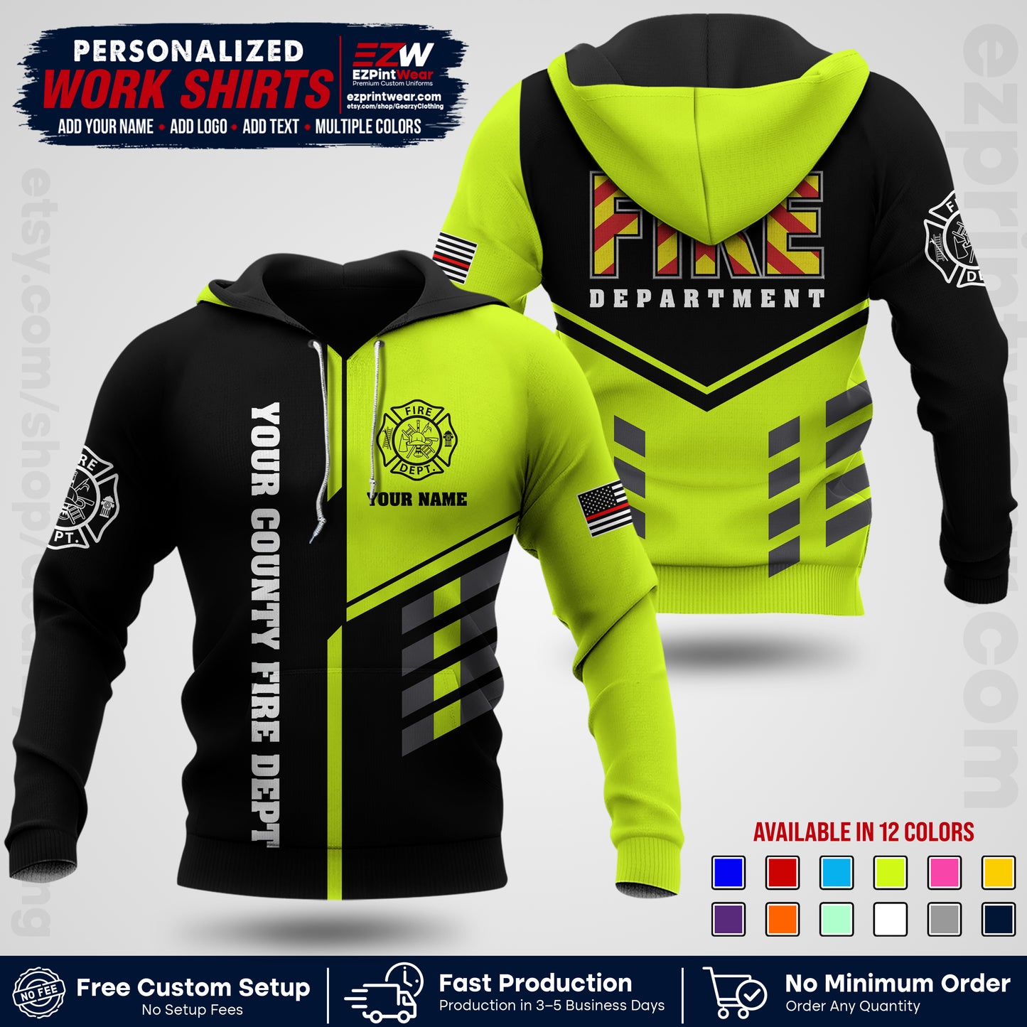 Custom Fire Department Shirt with Name, City Logo & Text | Firefighter Uniform | Button Up Work Shirt FF06
