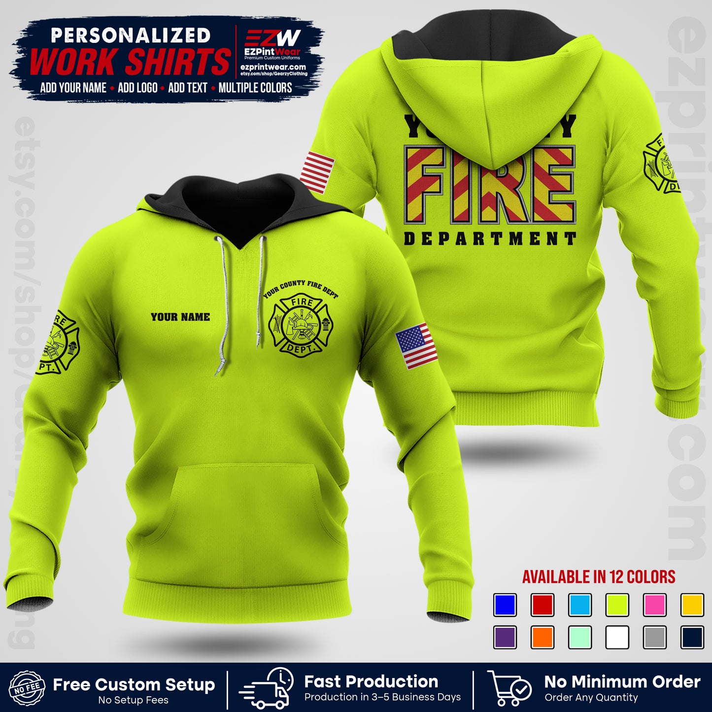 Custom Fire Department Shirt with Name, City Logo & Text | Firefighter Uniform | Button Up Work Shirt FF05