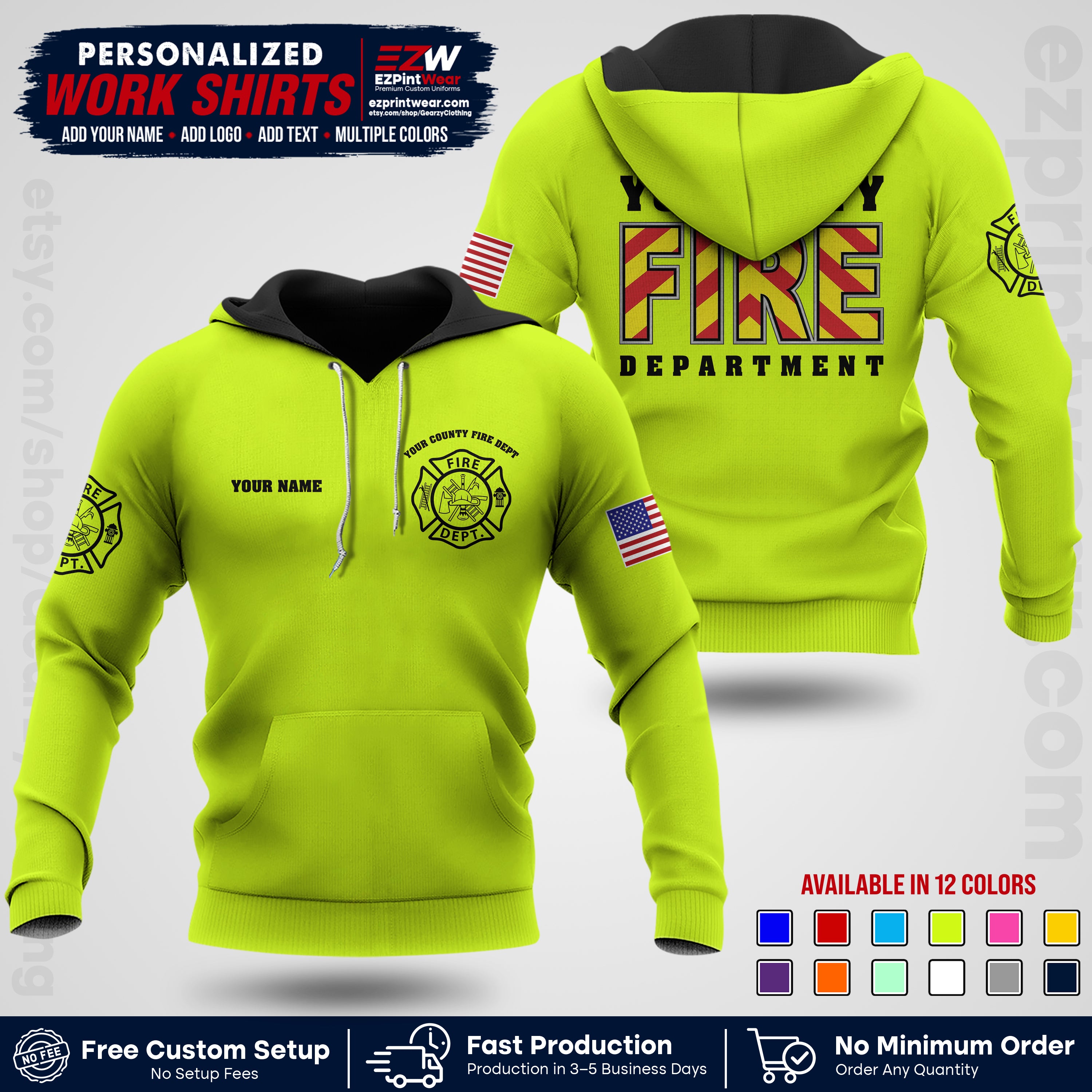 Custom Fire Department Shirt with Name, City Logo & Text | Firefighter Uniform | Button Up Work Shirt FF05