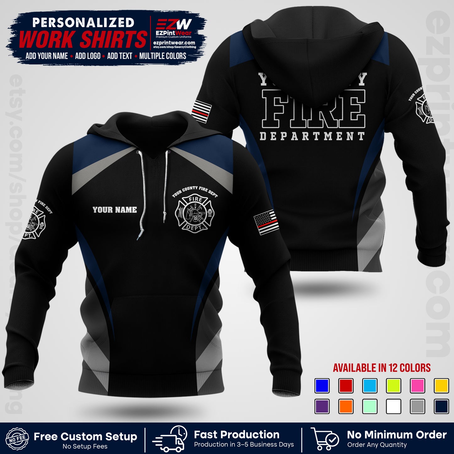 Custom Fire Department Shirt with Name, City Logo & Text | Firefighter Uniform | Button Up Work Shirt FF02