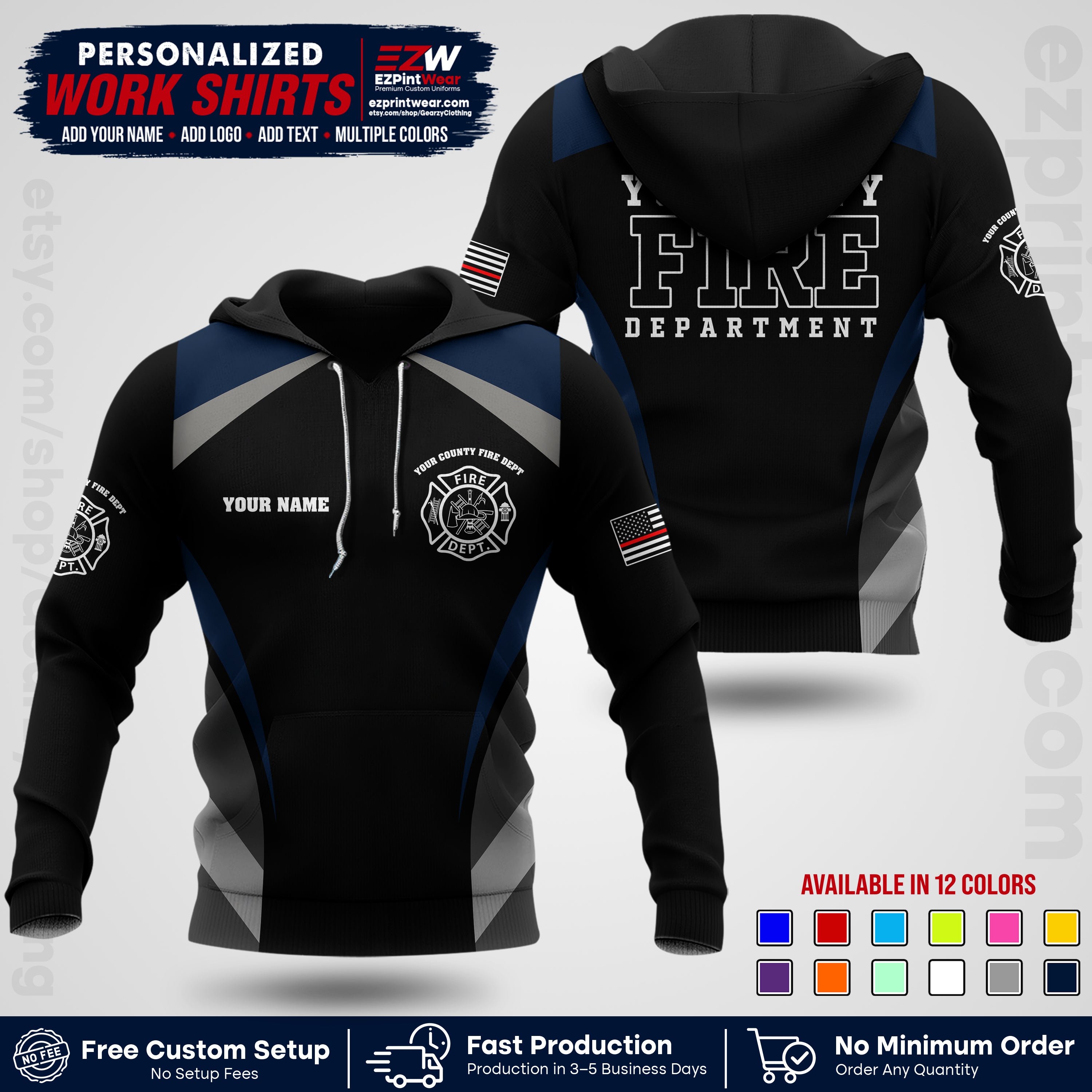 Custom Fire Department Shirt with Name, City Logo & Text | Firefighter Uniform | Button Up Work Shirt FF02