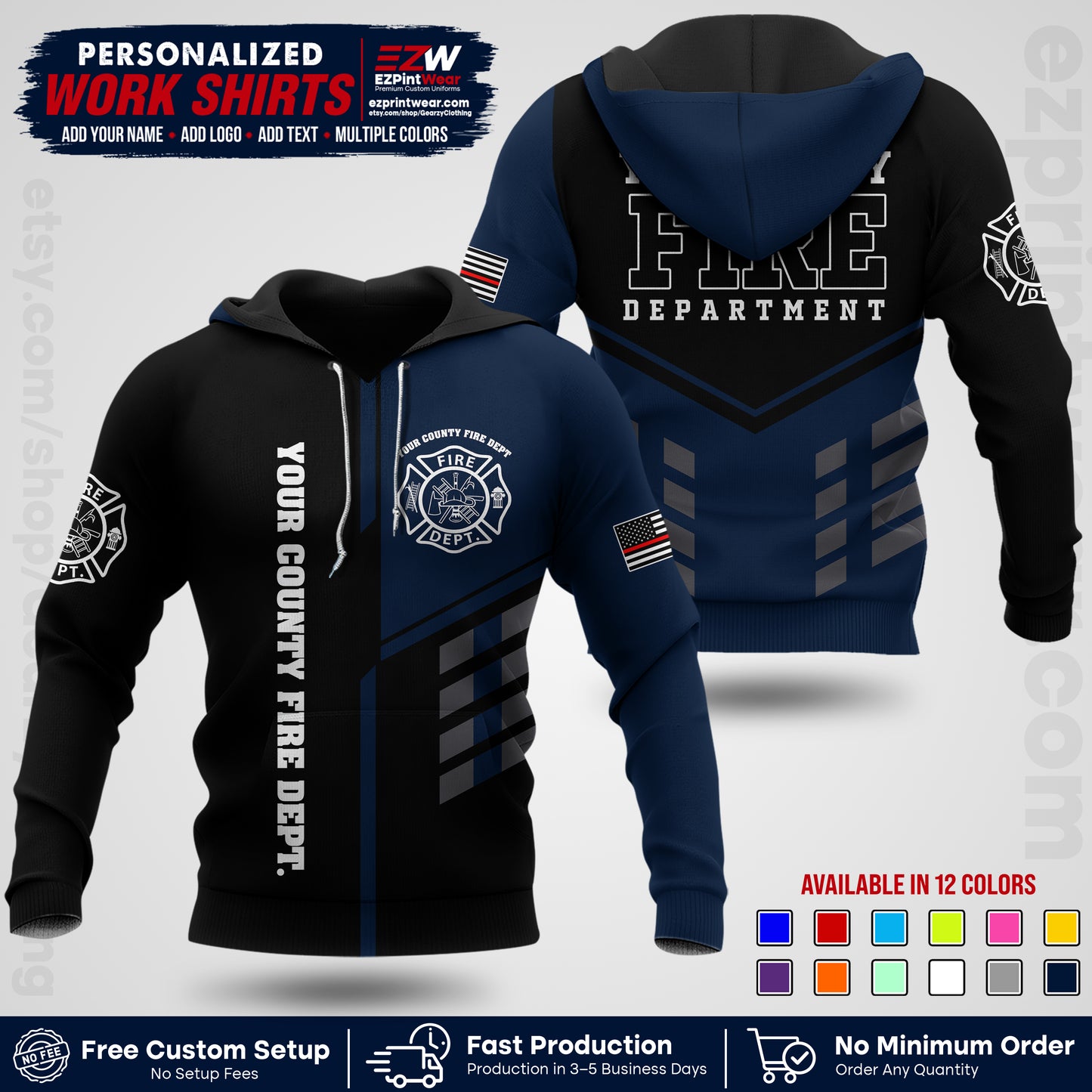 Custom Fire Department Shirt with Name, City Logo & Text | Firefighter Uniform | Button Up Work Shirt FF03