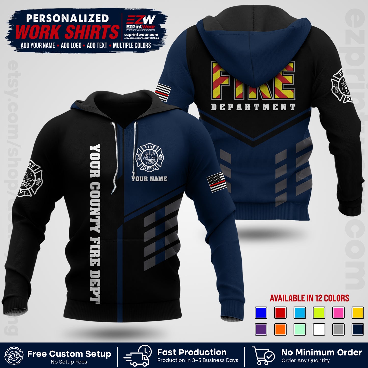 Custom Fire Department Shirt with Name, City Logo & Text | Firefighter Uniform | Button Up Work Shirt FF06