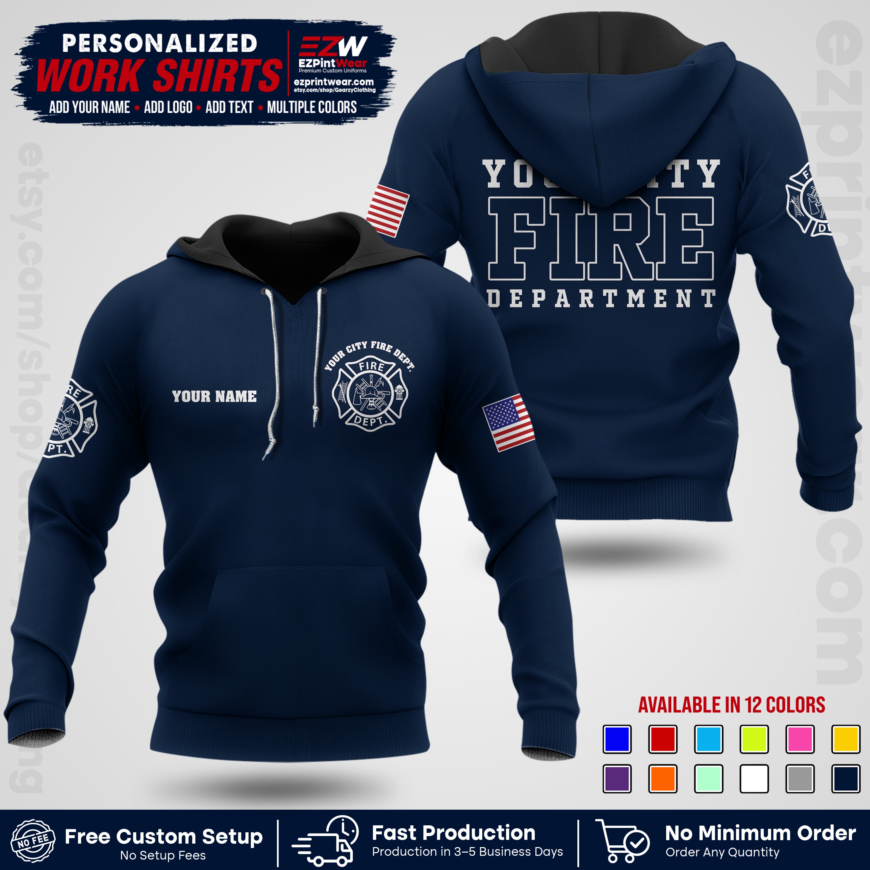 Custom Fire Department Shirt with Name, City Logo & Text | Firefighter Uniform | Button Up Work Shirt FF01