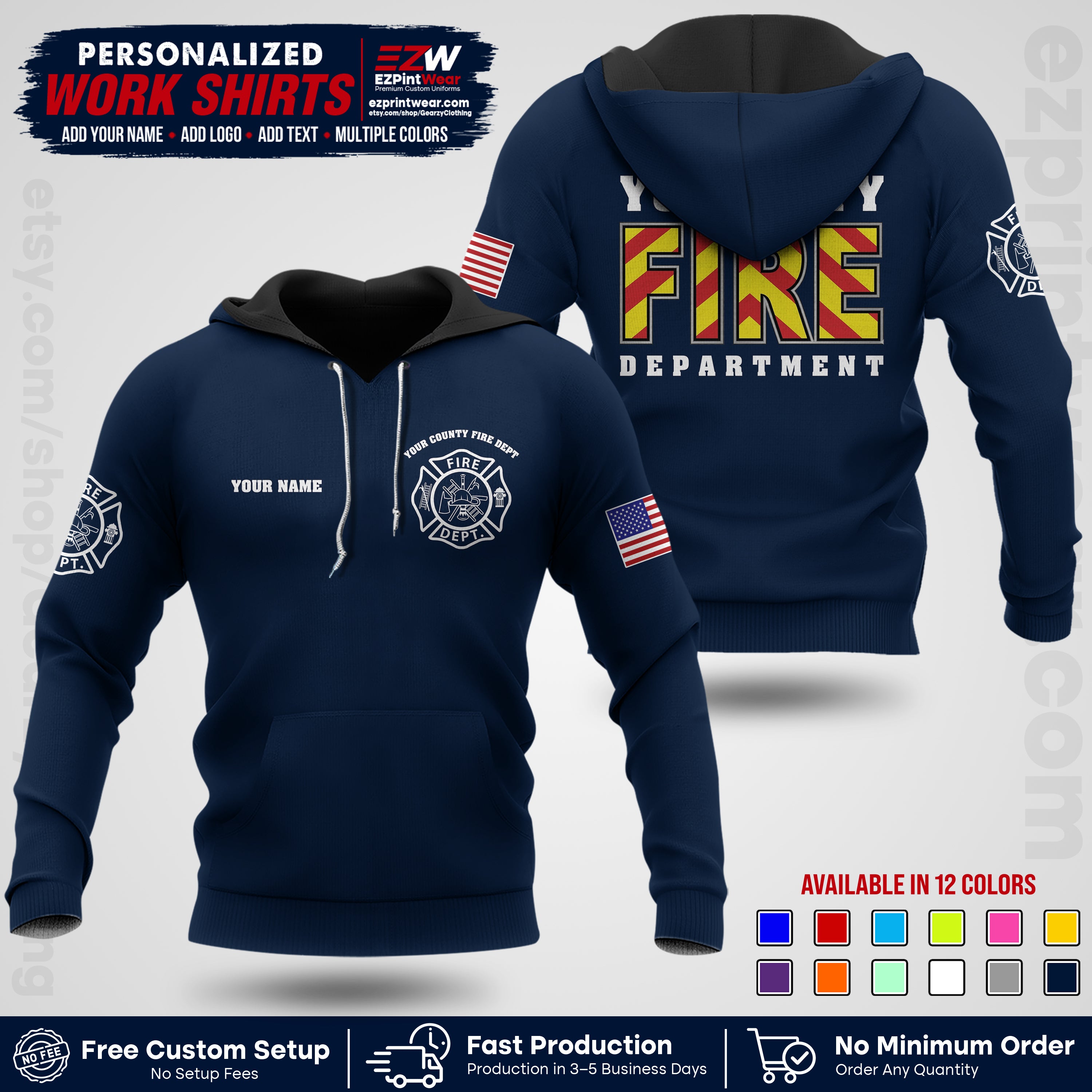 Custom Fire Department Shirt with Name, City Logo & Text | Firefighter Uniform | Button Up Work Shirt FF05