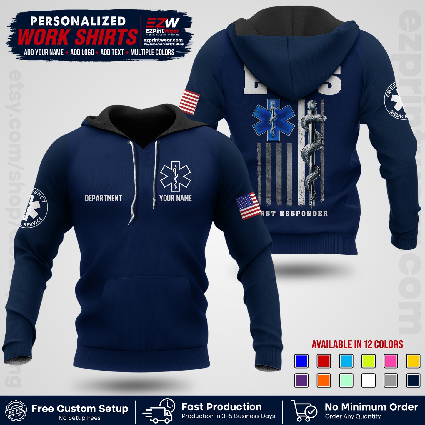 Custom EMS Shirt with Name, Logo & Text | EMS Team Uniform | First Responder Workwear EMSU03