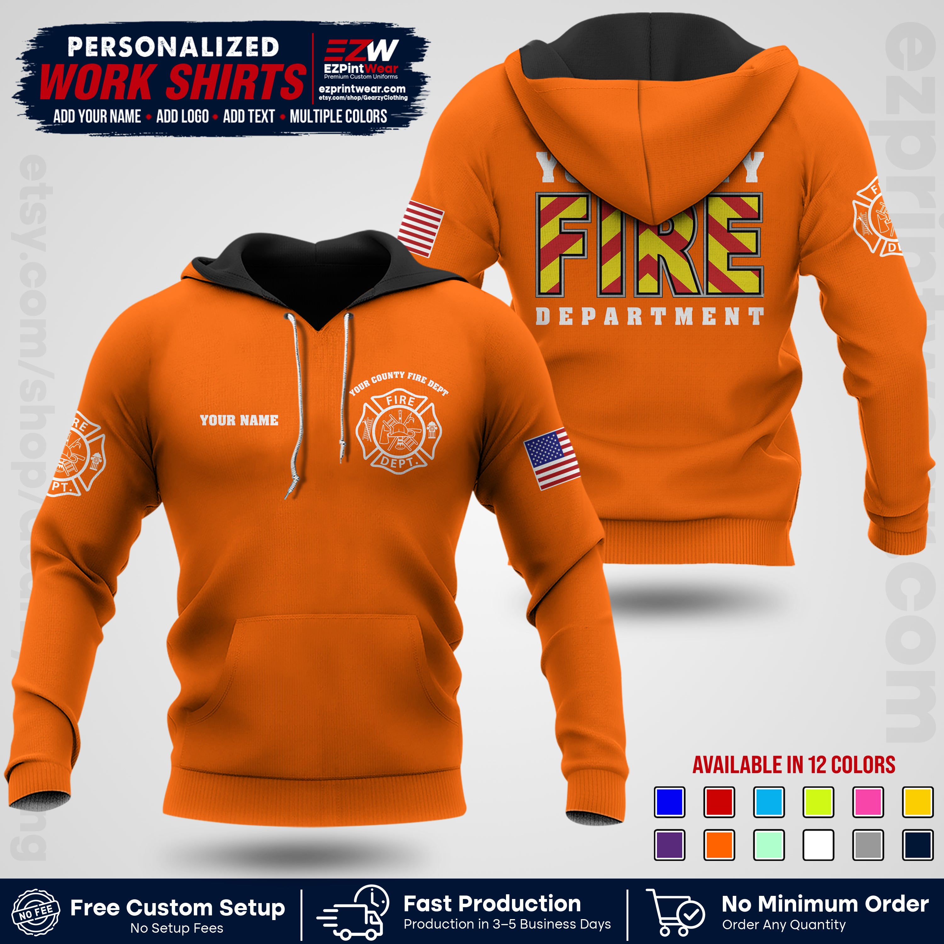 Custom Fire Department Shirt with Name, City Logo & Text | Firefighter Uniform | Button Up Work Shirt FF05