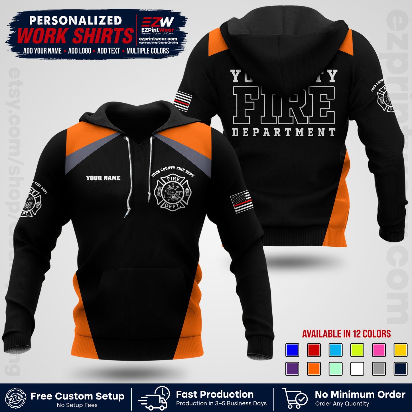 Custom Fire Department Shirt with Name, City Logo & Text | Firefighter Uniform | Button Up Work Shirt FF04