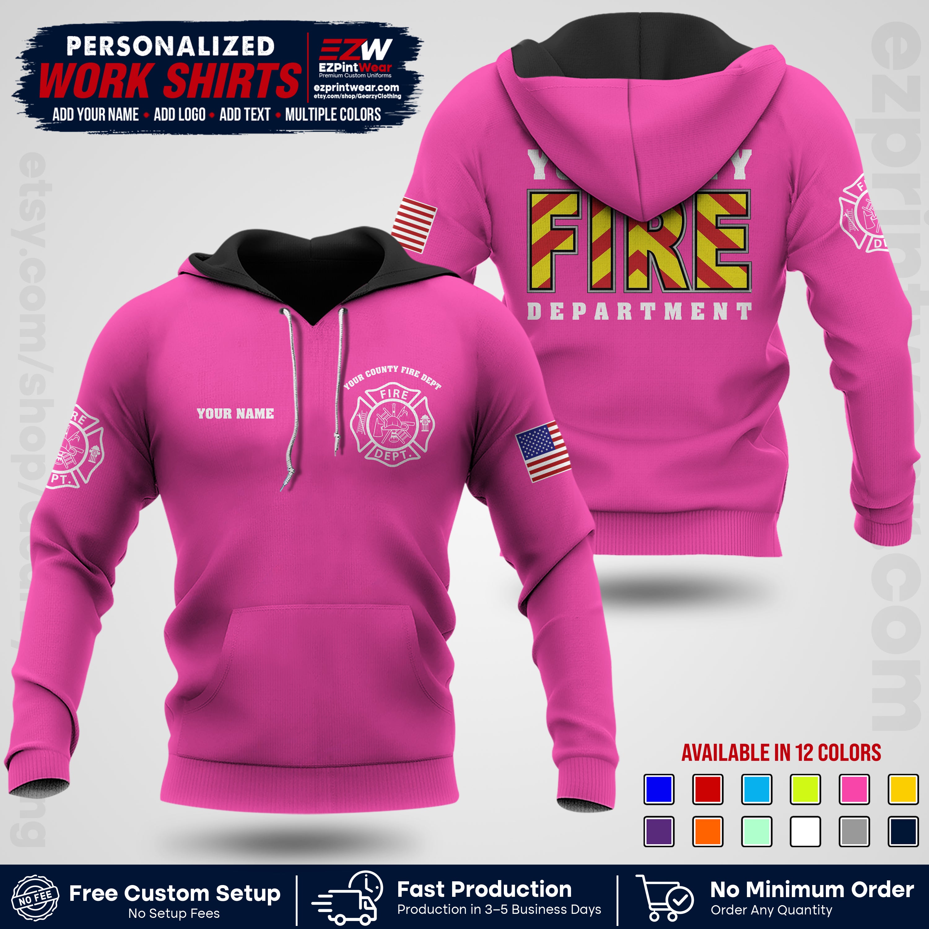 Custom Fire Department Shirt with Name, City Logo & Text | Firefighter Uniform | Button Up Work Shirt FF05