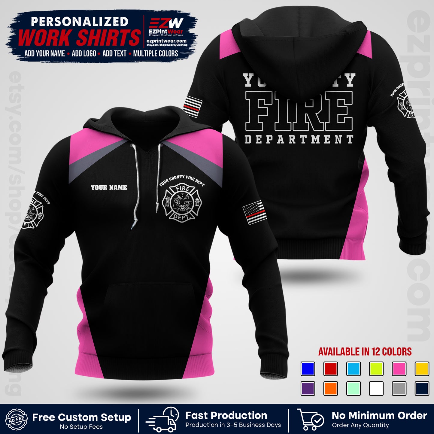 Custom Fire Department Shirt with Name, City Logo & Text | Firefighter Uniform | Button Up Work Shirt FF04