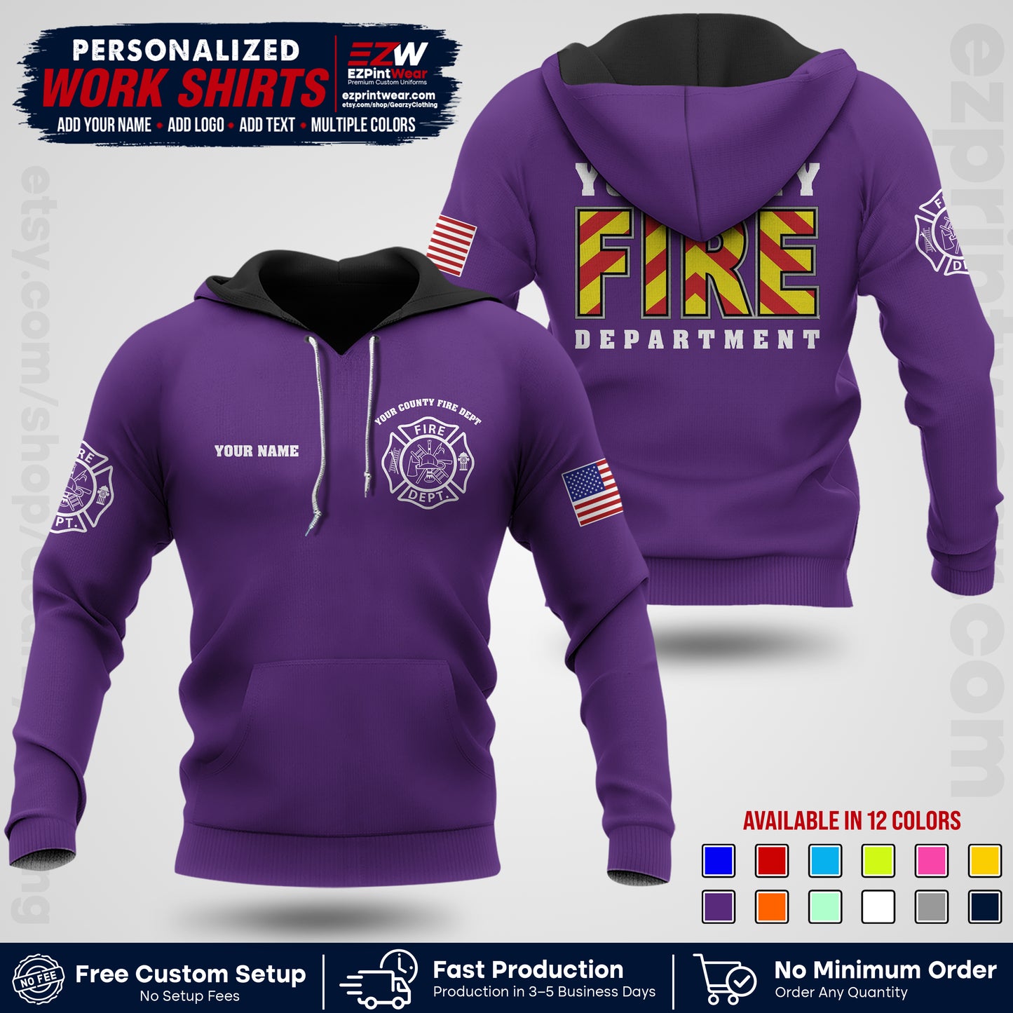 Custom Fire Department Shirt with Name, City Logo & Text | Firefighter Uniform | Button Up Work Shirt FF05