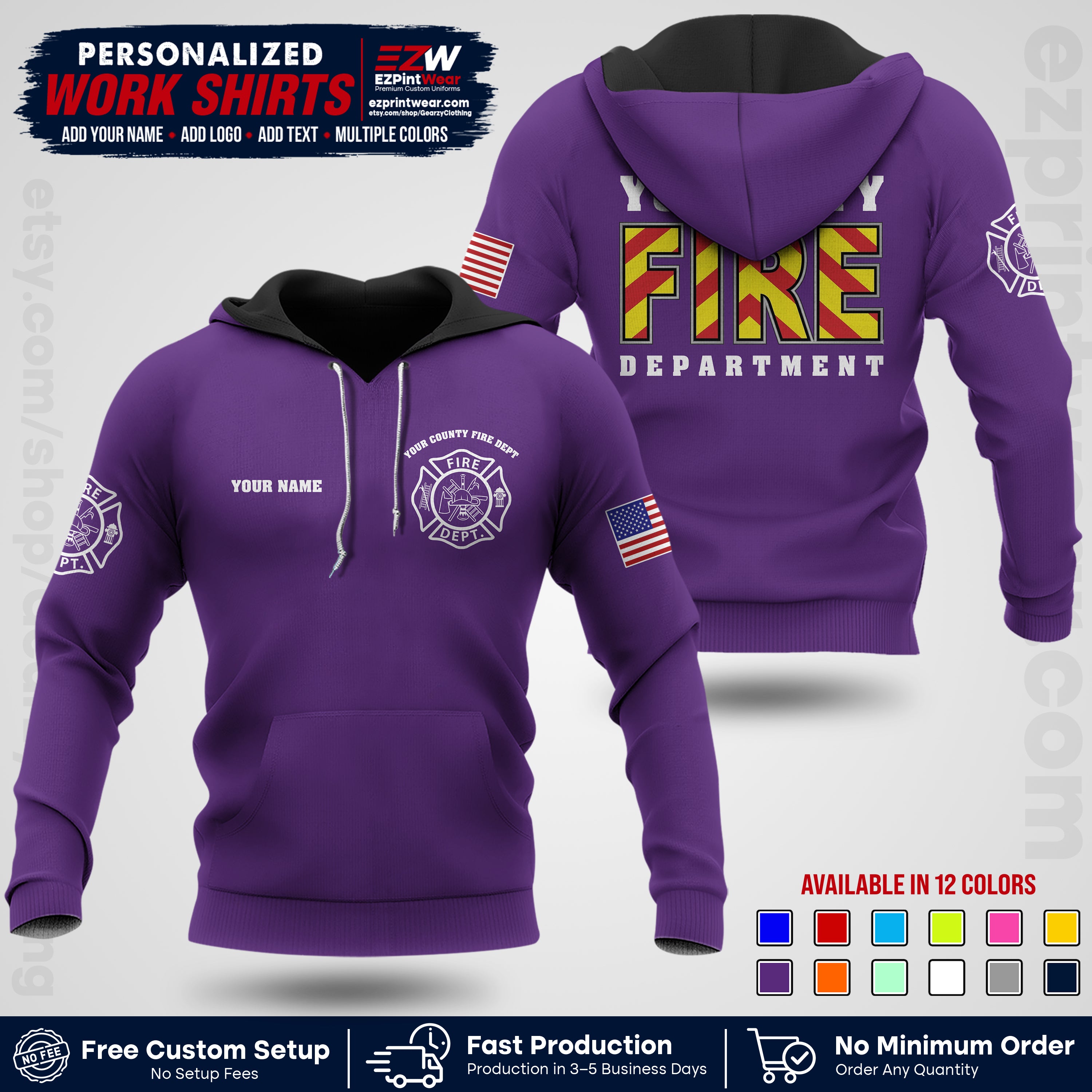 Custom Fire Department Shirt with Name, City Logo & Text | Firefighter Uniform | Button Up Work Shirt FF05