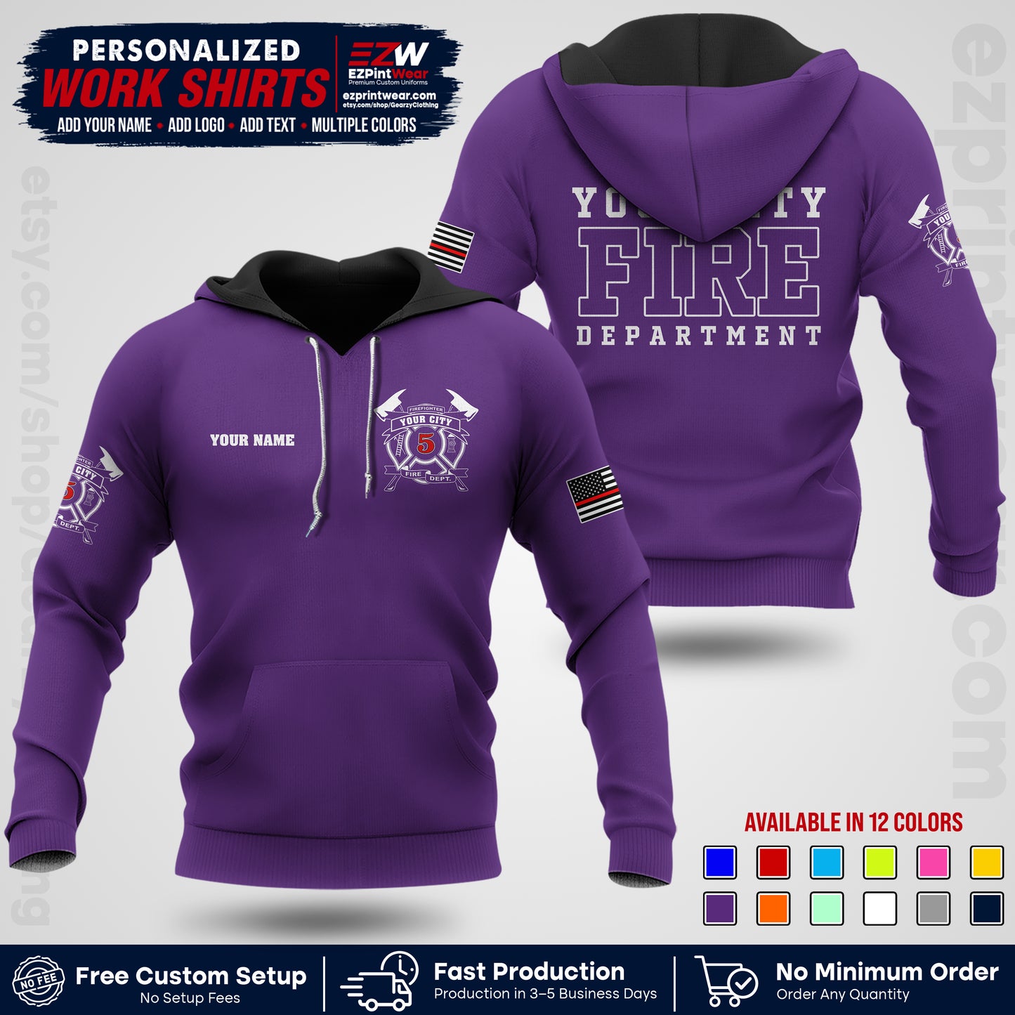 Custom Fire Department Shirt with Name, City Logo & Text | Firefighter Uniform | Button Up Work Shirt FF07